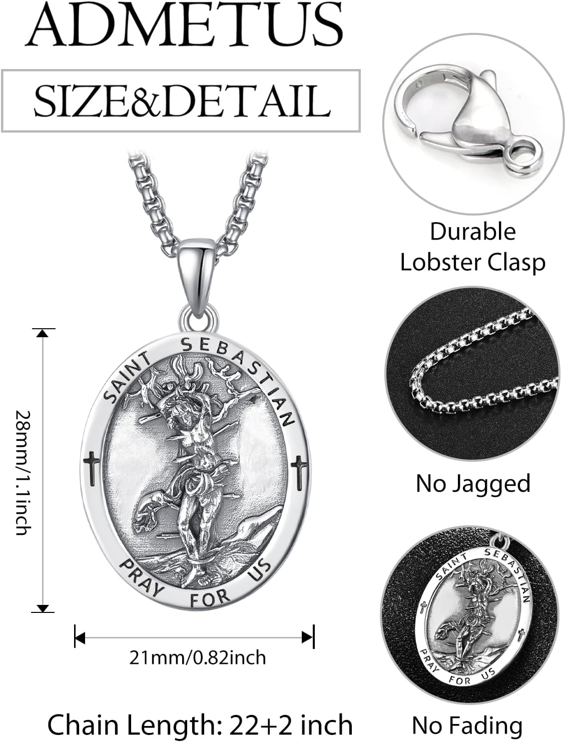 ADMETUS 925 Sterling Silver Patron Saint Necklace | Amulet Necklace Cross Jewelry for Men with 2.5mm 22"+2" Rolo Chain - Image 2