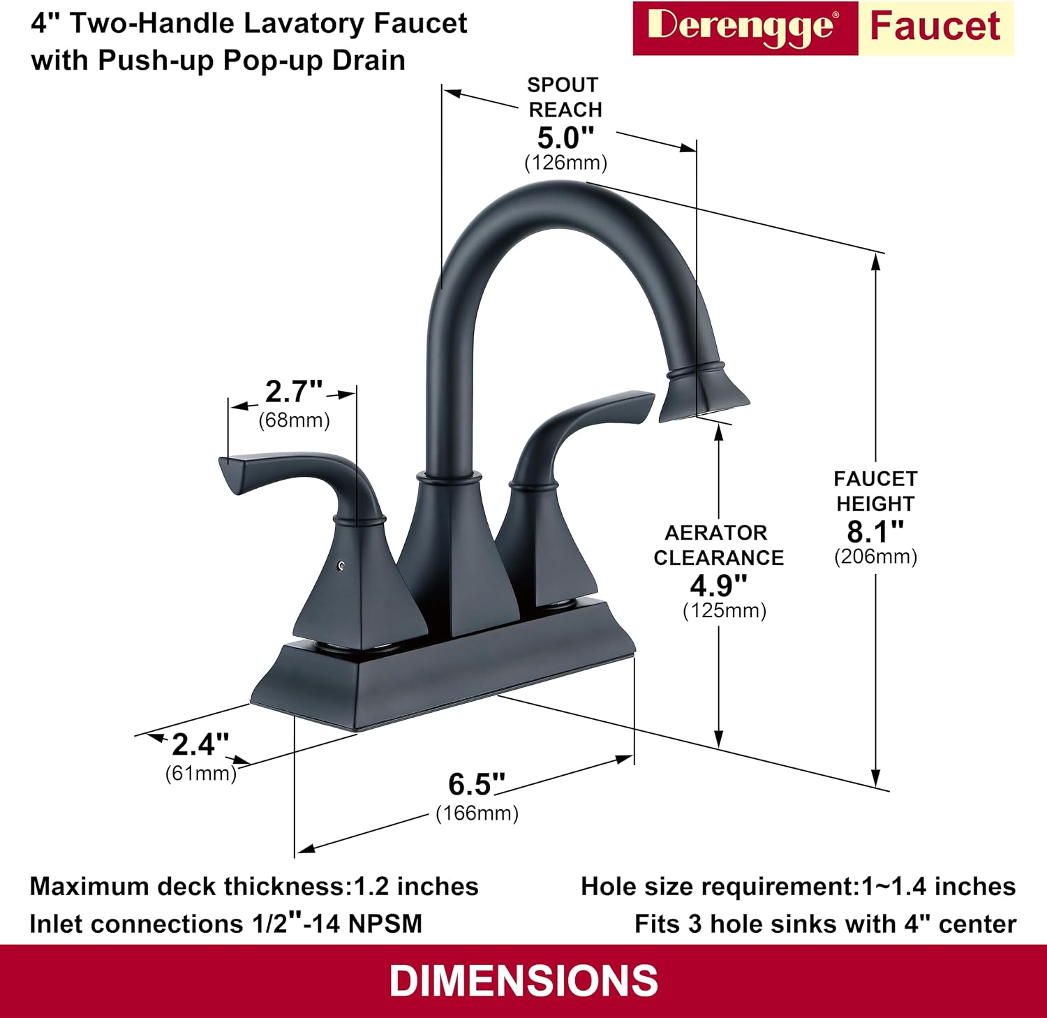 Centerset Bathroom Faucet, 4 Inch Two Handle Matte Black Lavatory Bathroom Sink Faucet with Push up Pop-up Drain,F-4015-MT