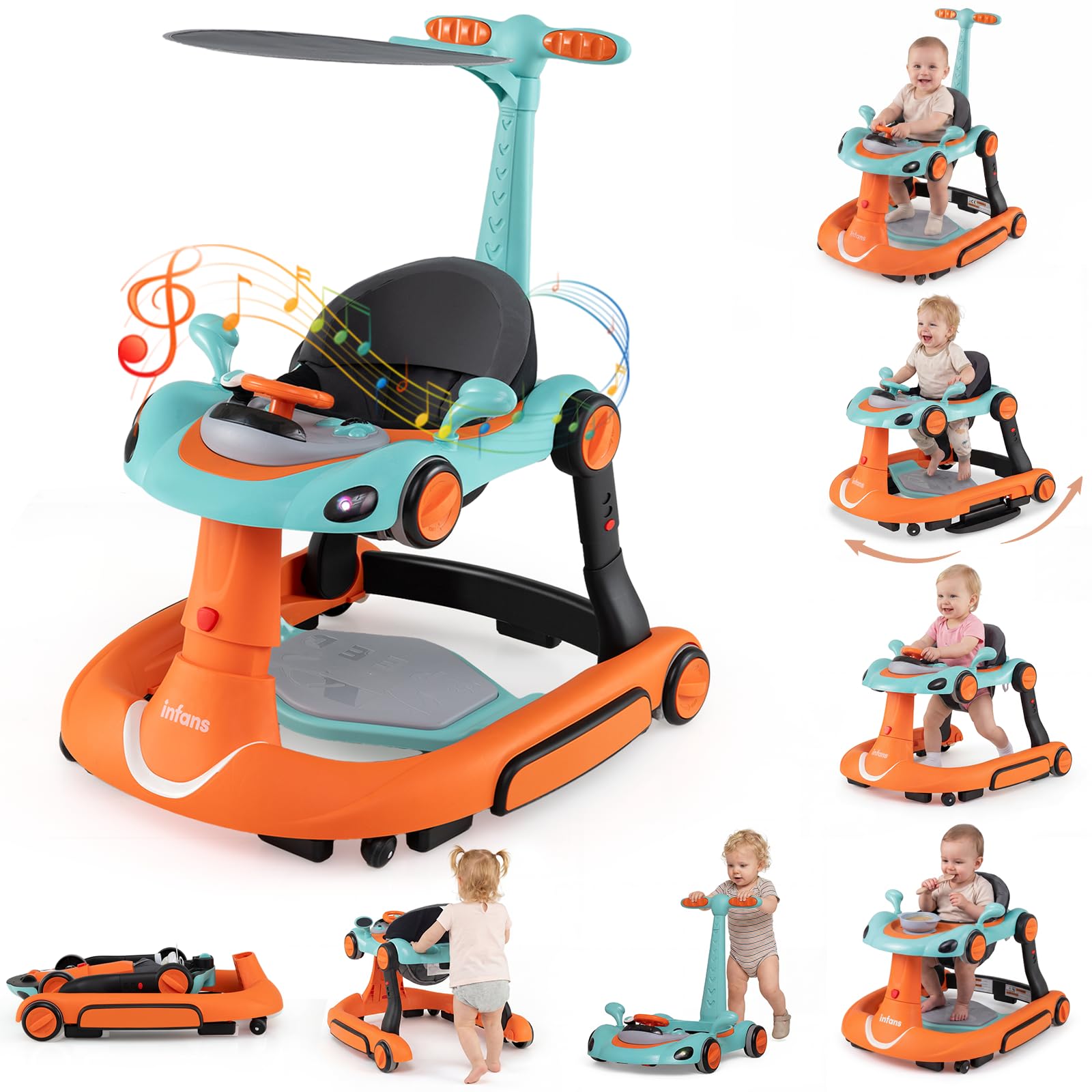 INFANS 7-in-1 Foldable Baby Walker, Converts Push Car to Bouncer, Rocker with Music, Lights, Adjustable Height & Speed, Activity Center, Canopy for 7-18 Months (Tangerine) — image 1