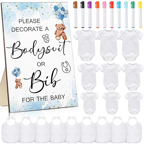 35 piezas de juegos de baby shower, diseño de baberos de bebé, letrero de madera para baby shower, letrero de bricolaje, 15 baberos blancos en