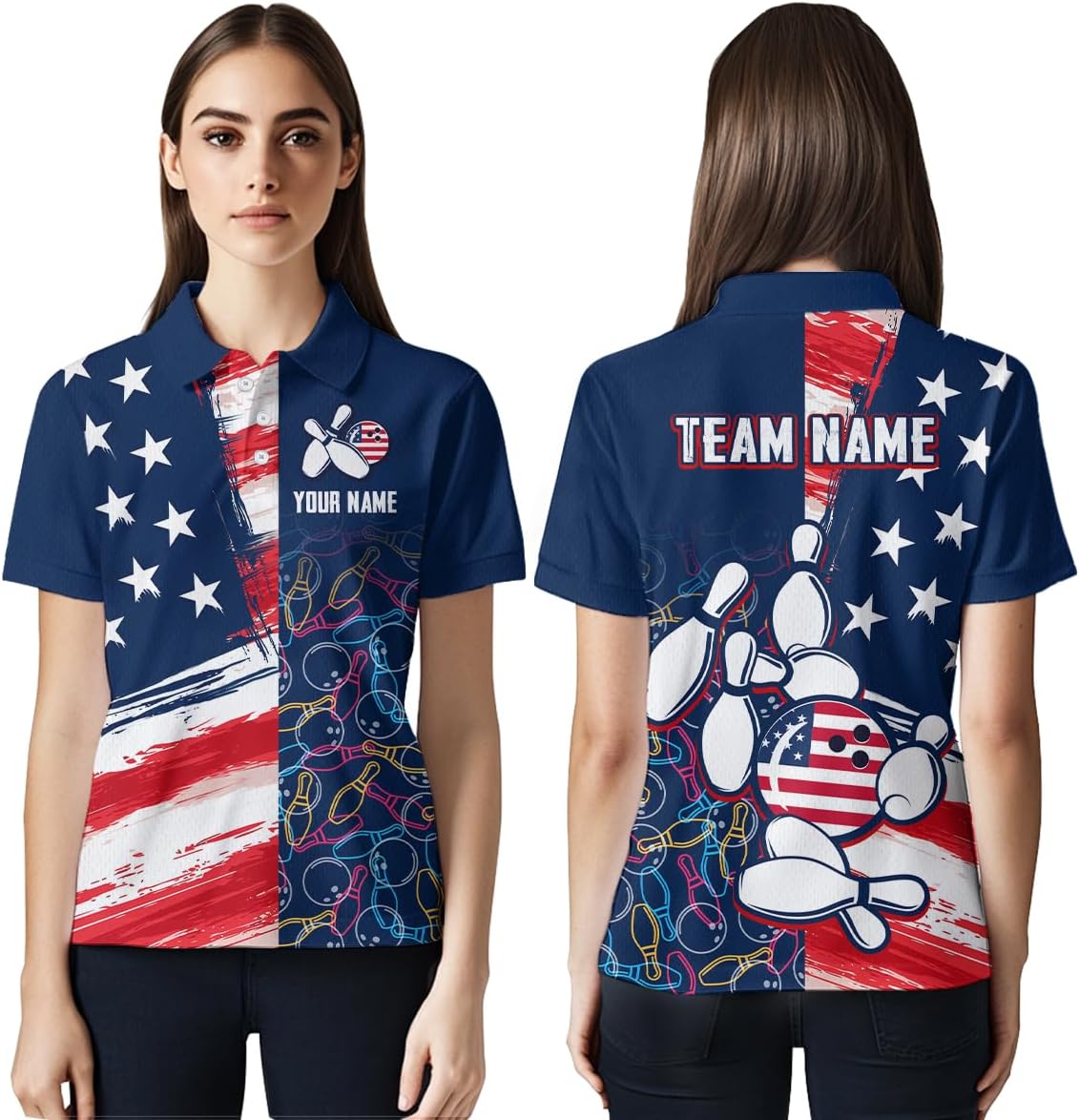 American Flag Bowling Shirts Custom Patriotic Bowling Polo Shirt for Men Women's Bowling 1/4 Zip Shirt