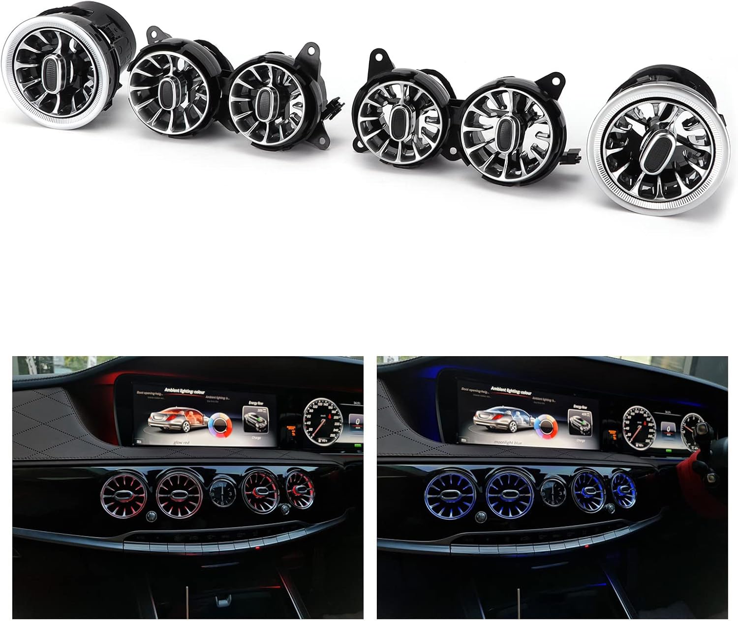 6pcs 7 Color Front LED Turbine Air Vent Ambient Light Kits Dashboard Air Vent Ambient Light Replacement for Benz S Class W222 2014‑2017 (Only for Left Hand Drive)