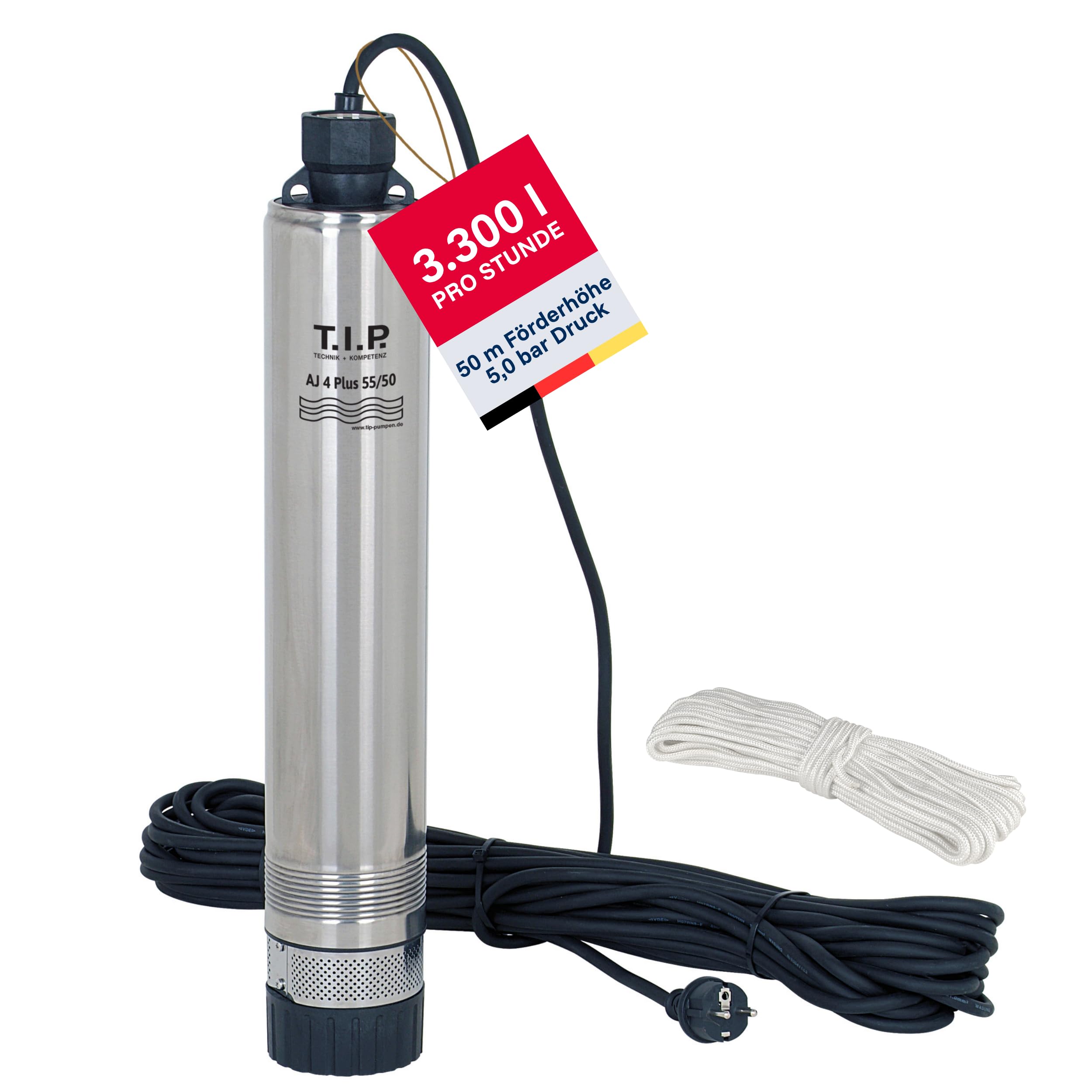 T.I.P. 30104 Tiefbrunnenpumpe AJ 4 Plus 55/50 800W 3300 l/h 50m 5,0 bar 20m Eintauchtiefe