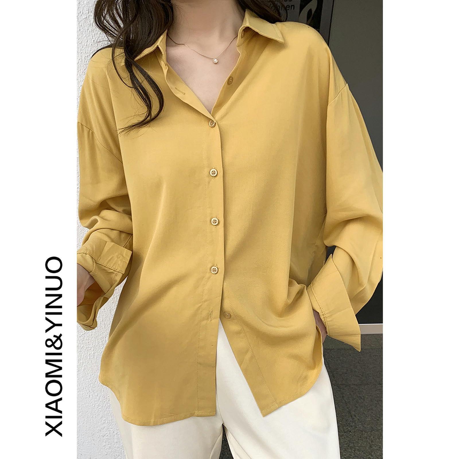 Camisa Blanca para Mujer, Camisa Holgada de Manga Larga con Capas, Color Naranja, Talla L
