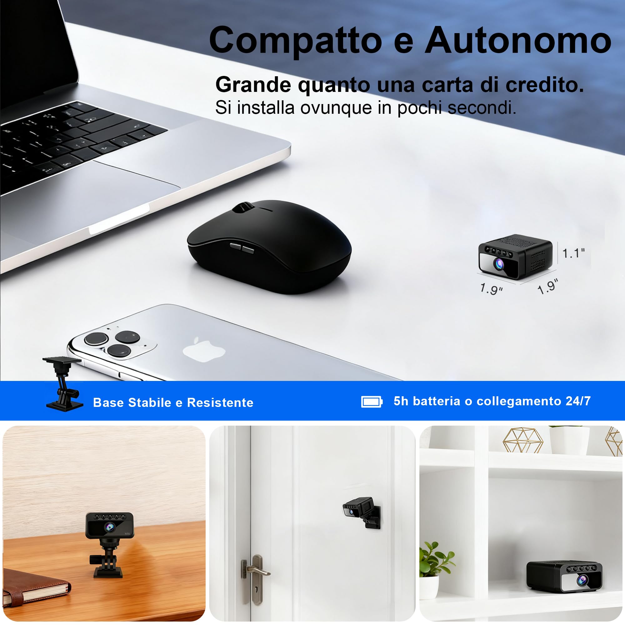 AOBOCAM Mini Telecamera WiFi Interna 4K UHD Videocamera Sorveglianza con Visione Notturna, 5 Ore Autonomia, Notifiche Movimento Istantanee, Doppia Memoria SD/Cloud, Controllo Remoto Con App (S)