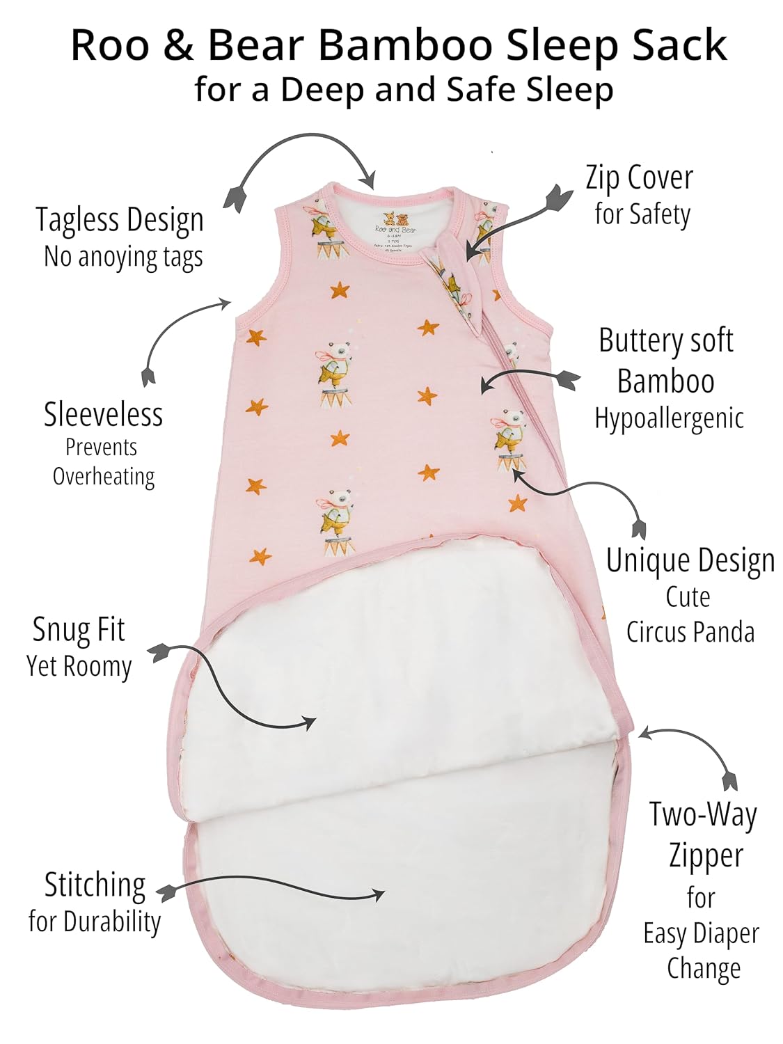 Rayon made from Bamboo Baby Sleep Sack. Supersoft Wearable Blanket 1.0 TOG for 6-18 months sleepsack. Pink -Circus Panda