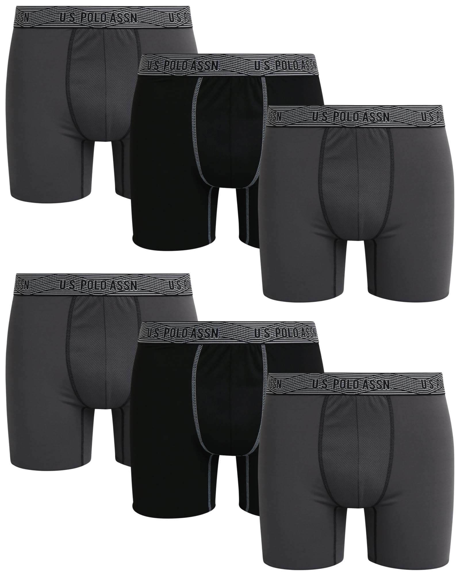 U.s. Polo Assn. Men's Grey/Black/Grey Boxer Briefs - 6 Pack 6" Inseam Moisture Wicking Performance Underwear Boxers With Contour Pouch, L