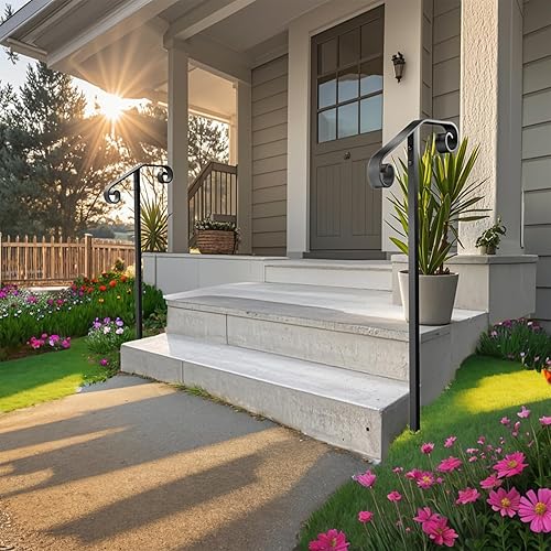 Miniatura 7 de SPACEEUP Pasamanos de escalera para exteriores, pasamanos de 1 a 3 escalones, barandilla de acero negro tipo redondo para escaleras, barandillas