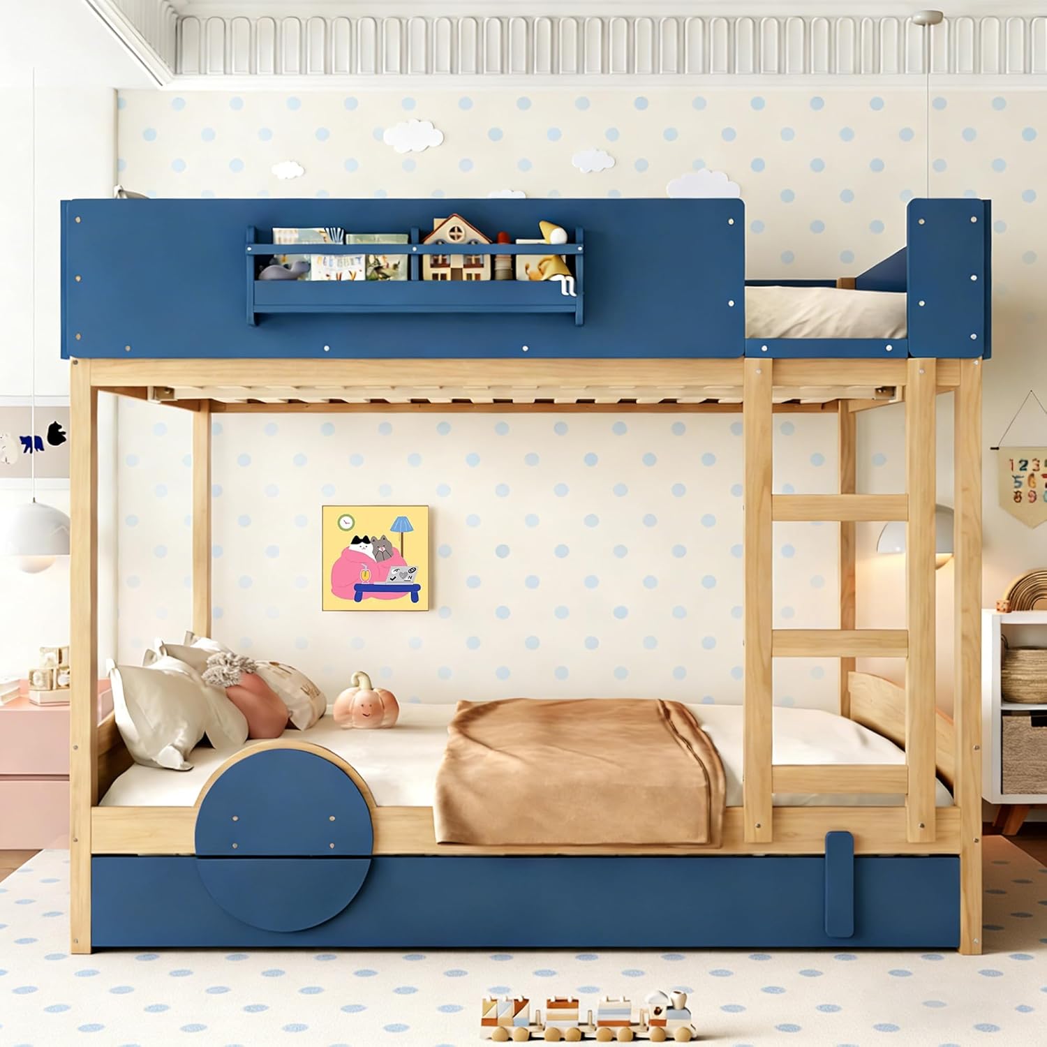 Bellemave Queen Over Queen Bunk Bed with Trundle & 2 Bookshelves, Wooden Floor Bunk Beds Frame with Safety Guardrails & Ladder for Kids Teens, Blue+Natural