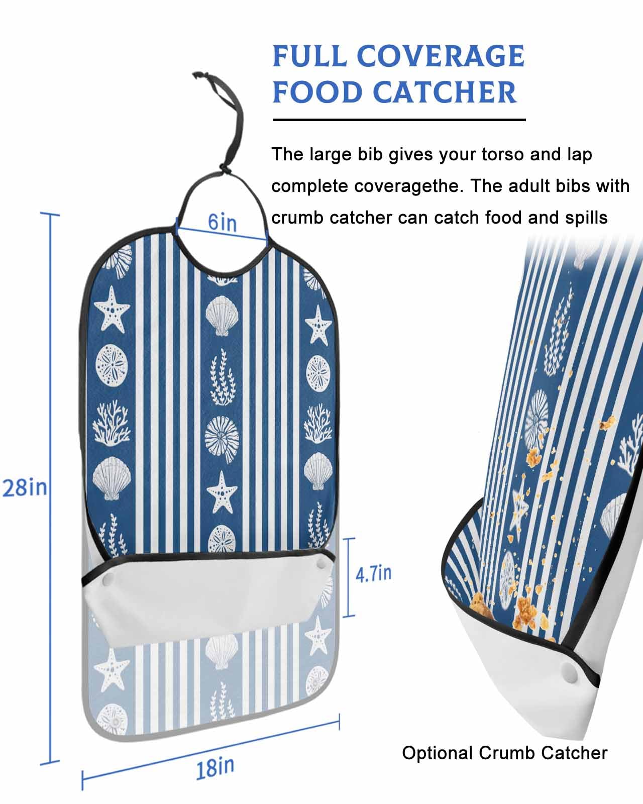 LEOKOTI Navy Blue Striped Coastal Adult Bibs for Eating, Waterproof Bibs with Food Catcher & Adjustable Snap Closure, Nautical Beach Starfish Shell Washable Clothing Protectors Adult Bibs for Elderly