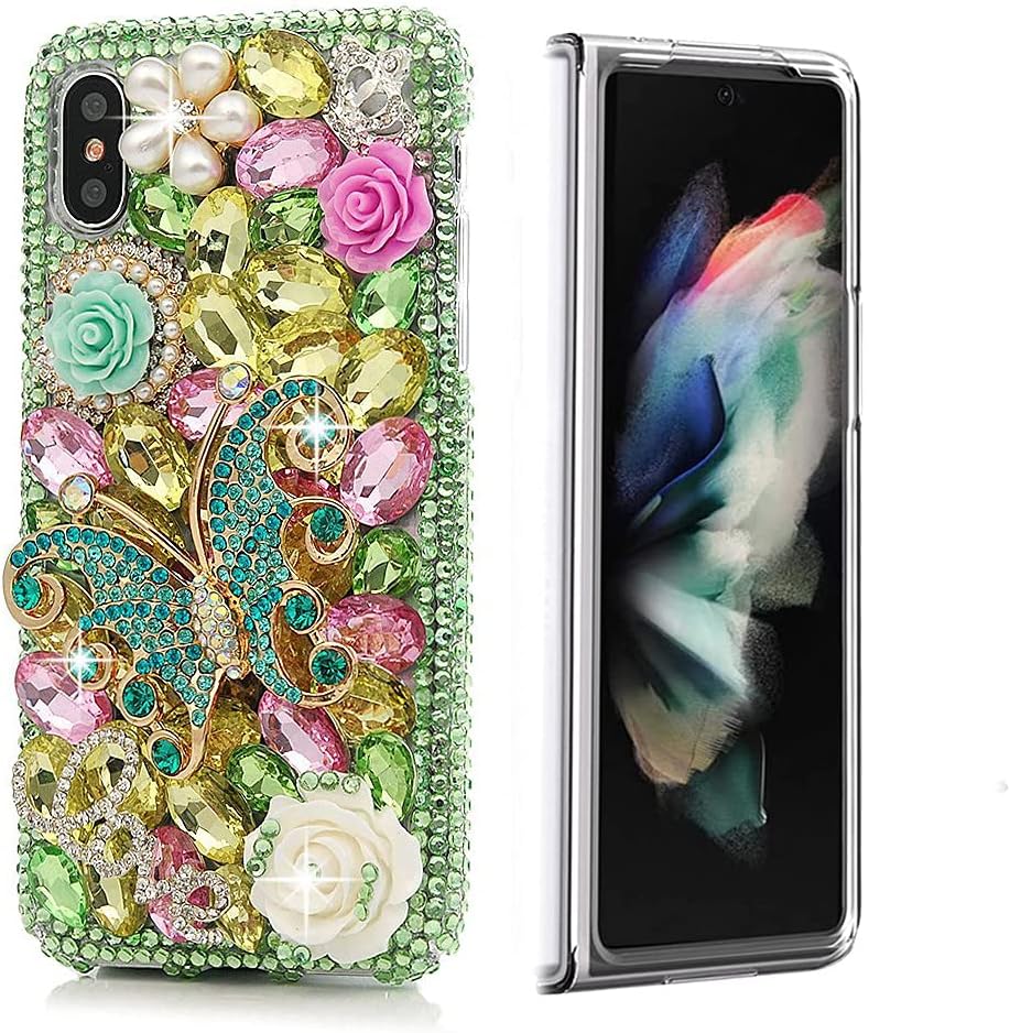 STENES Sparkle Case Compatible with Samsung Galaxy Z Fold 3 5G - Stylish 3D Handmade Bling Butterfly Rose Flowers Rhinestone Crystal Diamond Design Cover - Green