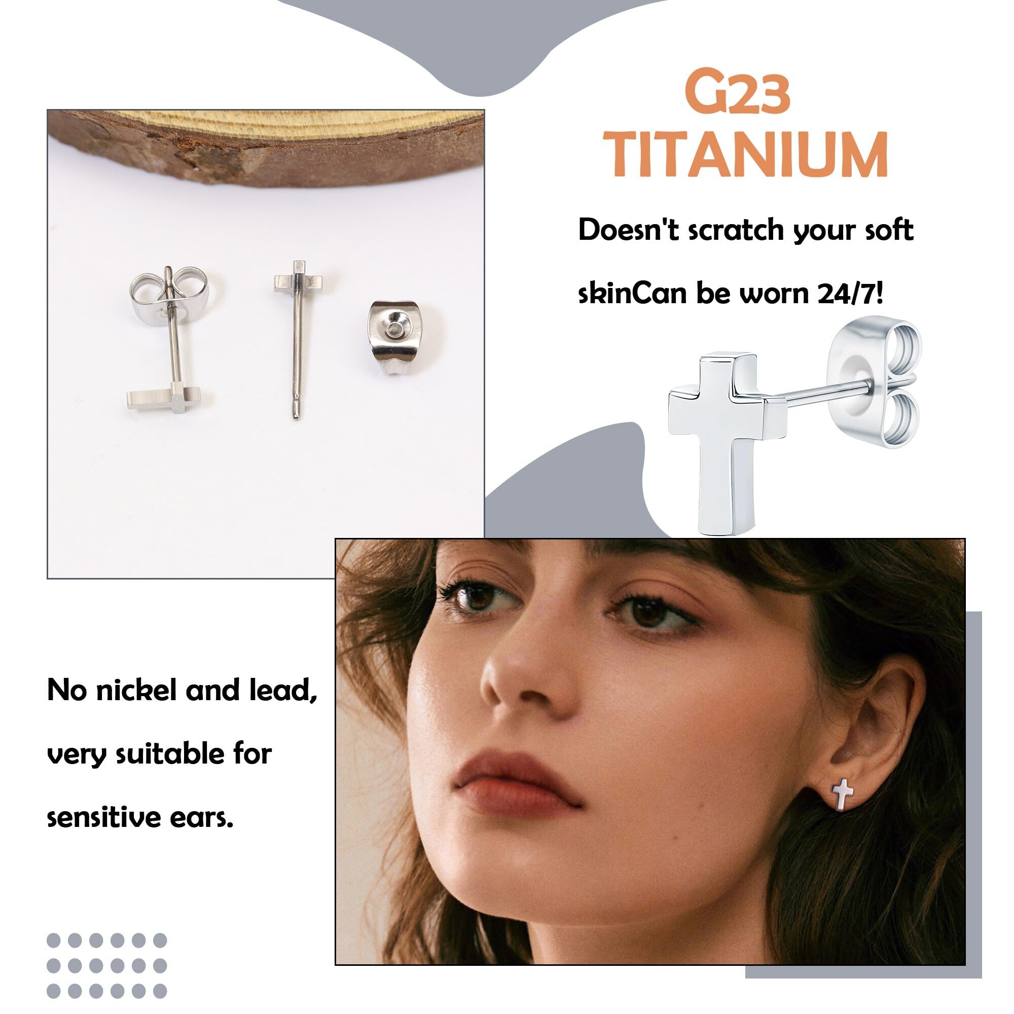 FACOKO Orecchini a lobo da donna in titanio con fondo piatto ipoallergenici, adatti a uomo e donna 5 mm rotondi cavi/croce/fulmine