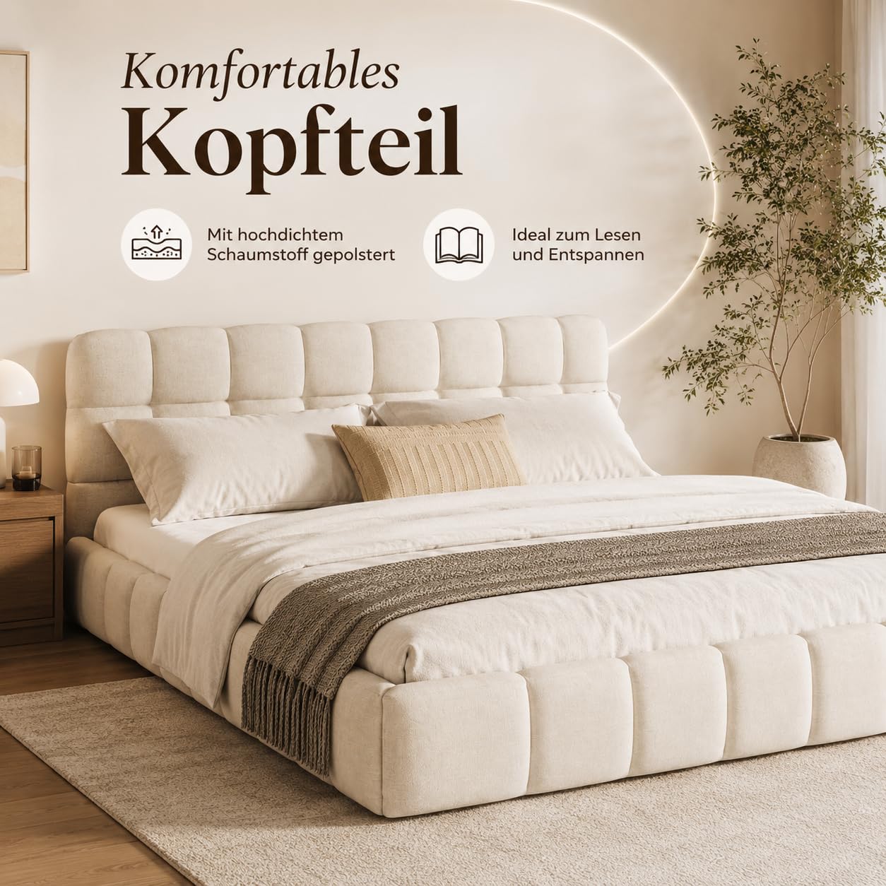 Polsterbett Bubble Bett 140x200, Doppelbett Polsterbett 140x200 Beige, Jugendbett Flachbett Gästebett Bettgestell Mit Lattenrost Und Kopfteil, Leinen, Ohne Matratze (Beige, 140x200cm)