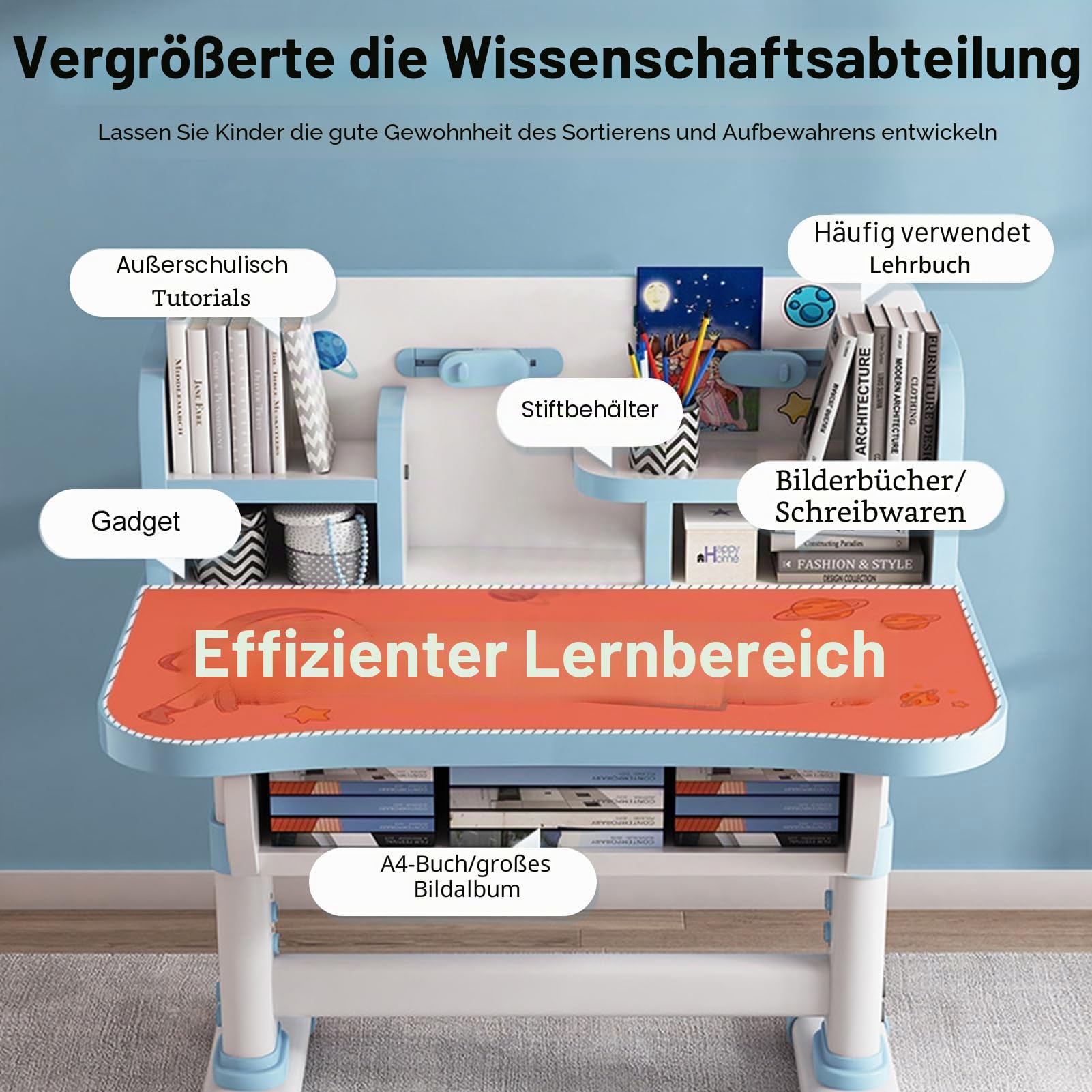 ohfruit Kindertisch und Stühle, einfache Montage, höhenverstellbar (65 bis 71 cm), Kinderschreibtisch mit großer Schreibtafel, ergonomischer Lerntisch und Stuhl-Set für Mädchen, ideal für Hausaufgaben