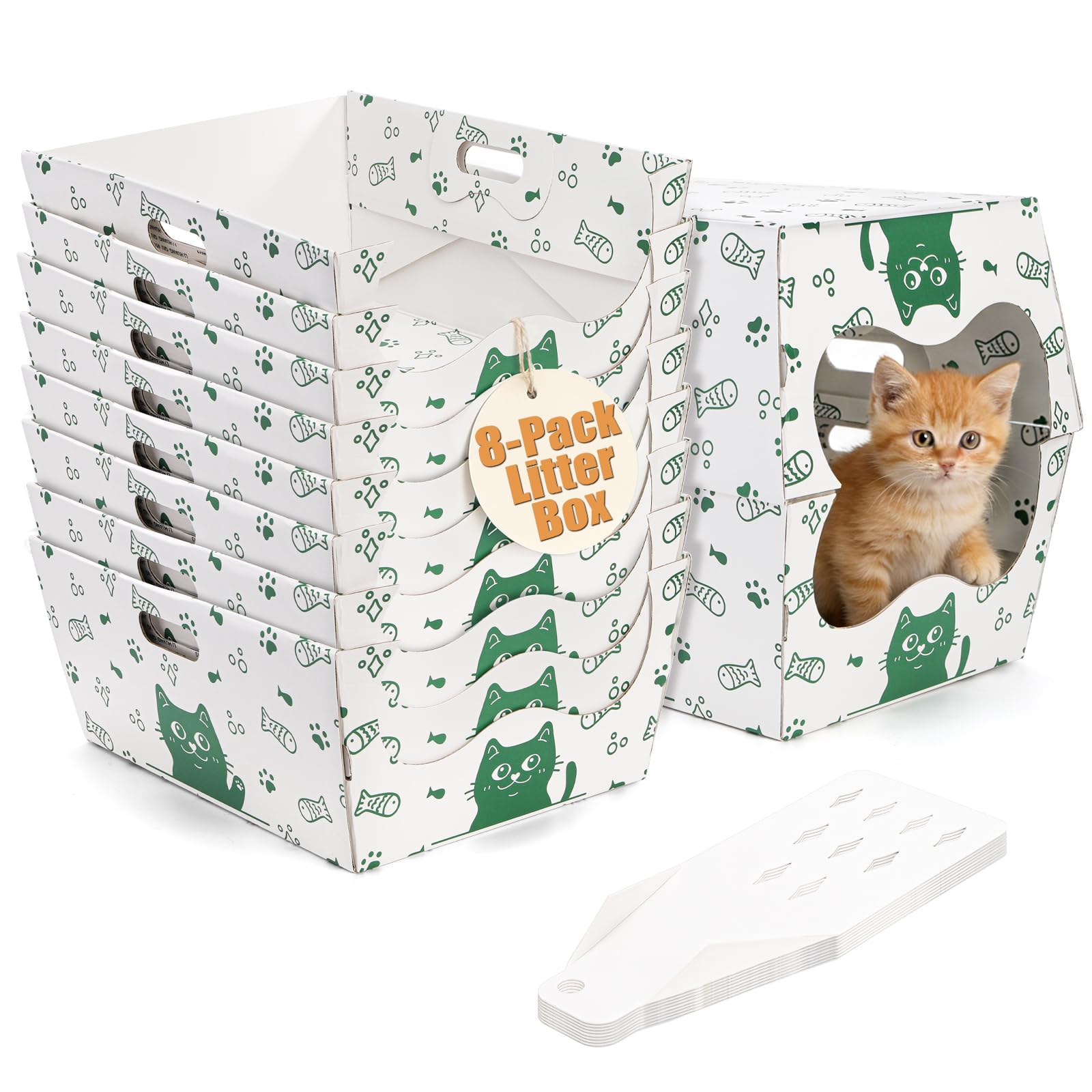SOUJOY 8 Pack Disposable Cat Litter Box, Sturdy White Cardboard Litter Boxes with Scoop, Anti-Splashing Foldable Enclosed Travel Litter Tray for Cats Puppies Small Pets, 16" L x 12" W x 6.7" H