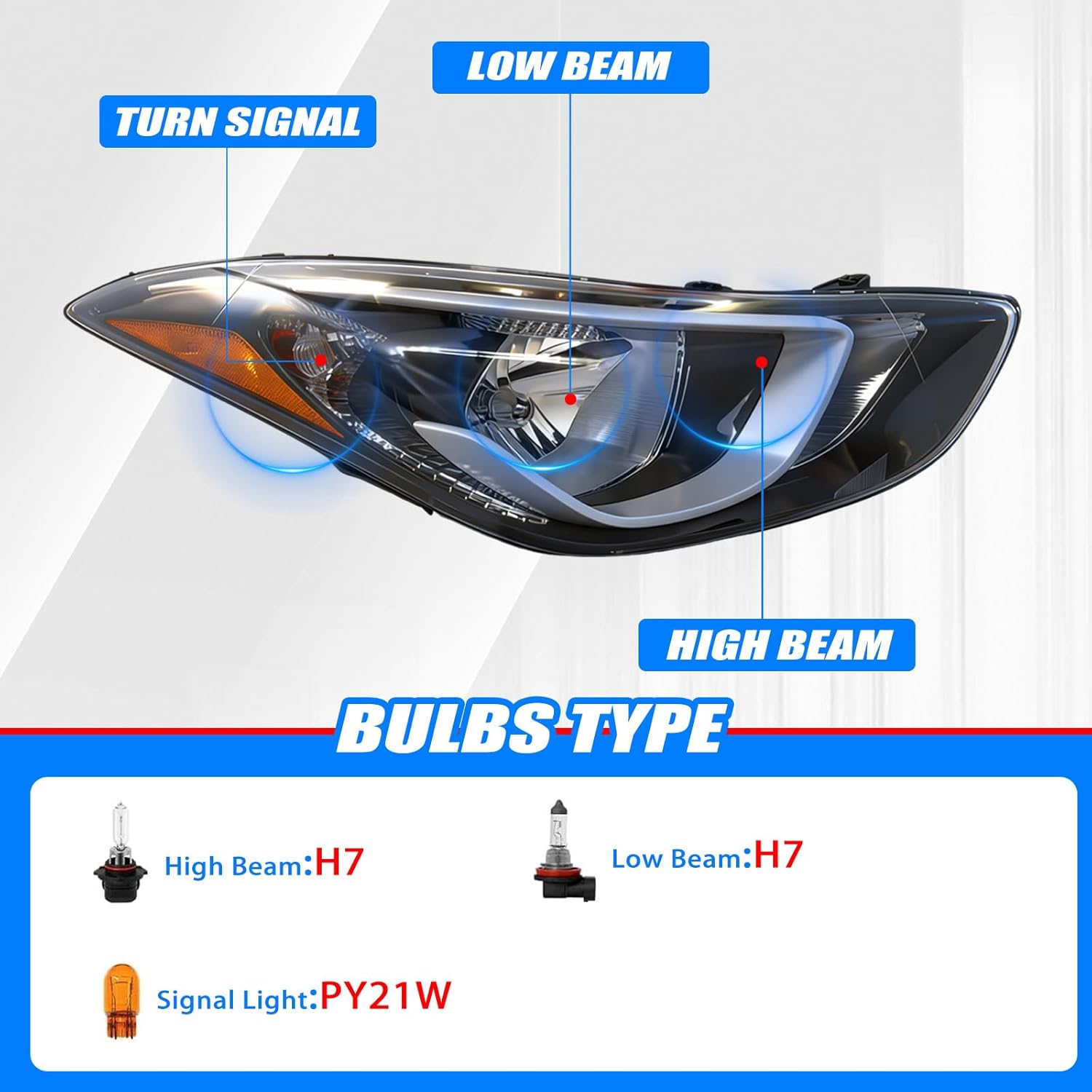 Pair Headlight Assembly Compatible with 2014 2015 2016 Hyundai Elantra w/Bulbs Halogen Headlamp(Left and Right Side)