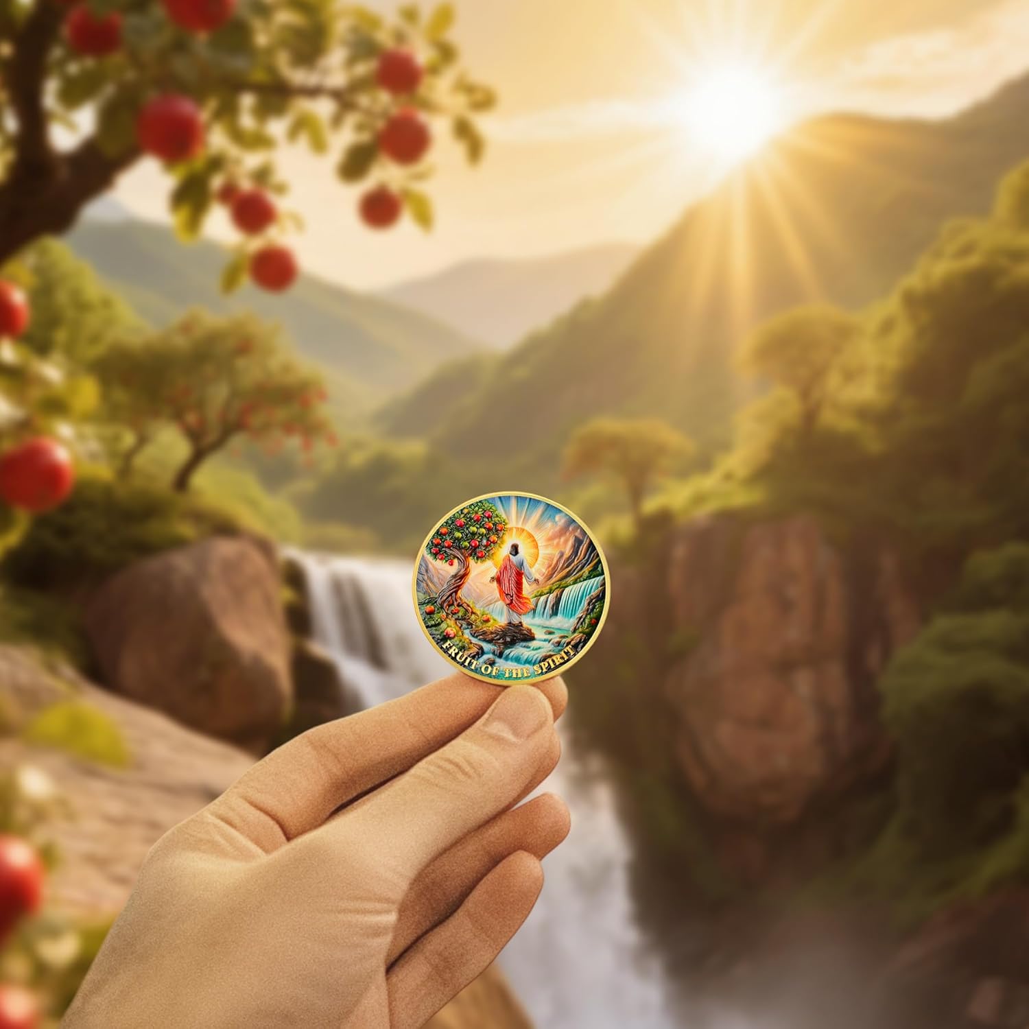 Fruit of The Spirit Religious Coin – Jesus Christ Christian Token with Galatians 5:22-23 Scripture – Inspirational Faith Gift with Tree, Waterfall & Spiritual Virtues