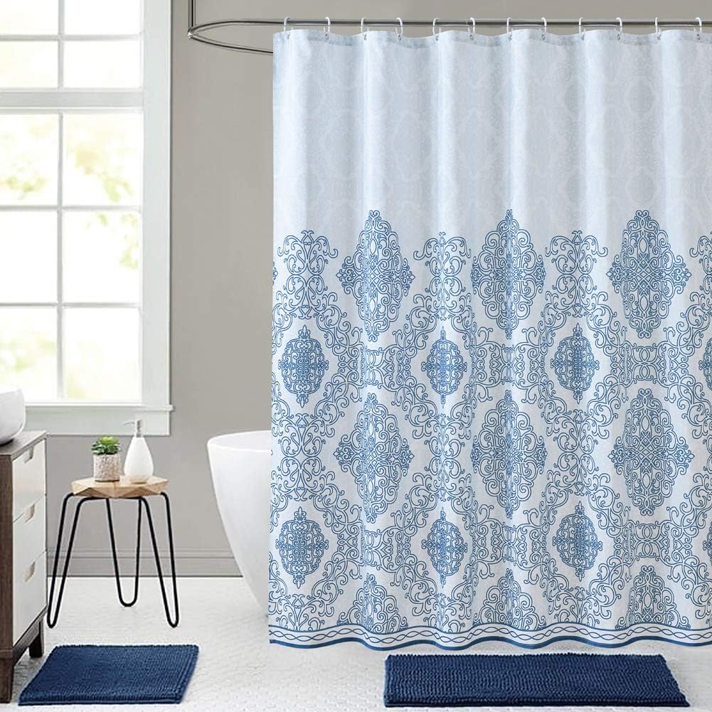 Haizhidian Cloth Fabric Shower Curtain, 72x72 Heavy Duty Shower Curtain, No Chemical Odor and Machine Washable, Perfect for Showers & Bathtubs, Elegant European Pattern(Blue, 72"x72")