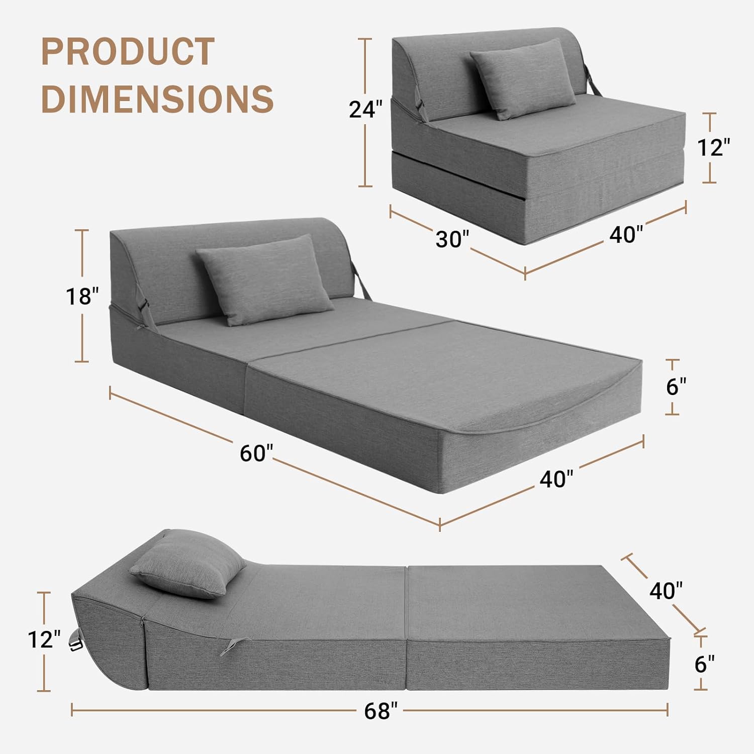 BeBen Folding Sofa Bed Chair, Convertible Sleeper Chair Futon Couch, Foldable Boneless Floor Lounger Sofa, Twin Foam Chair Bed for Small Spaces, Dorm, Guest Room, Living Room, Apartment, Grey