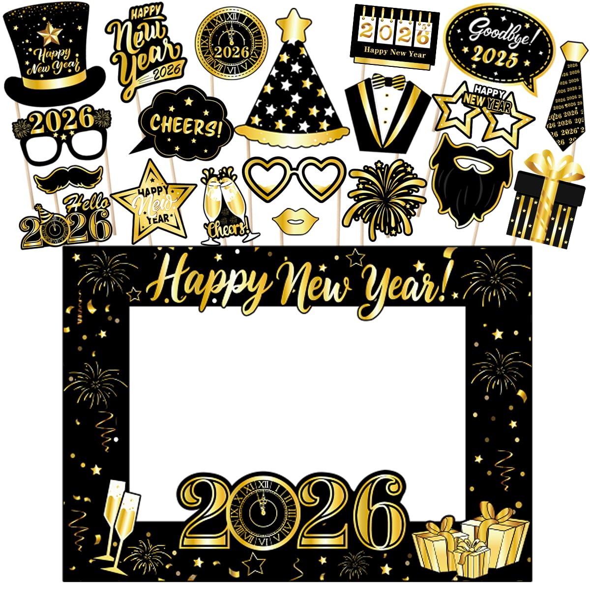 Happy New Year Decorations Photo Booth Props 2026, Nye Eve Party Supplies Photo Backdrop Decorations for Photography with Photo Frame& 20Pcs Photo