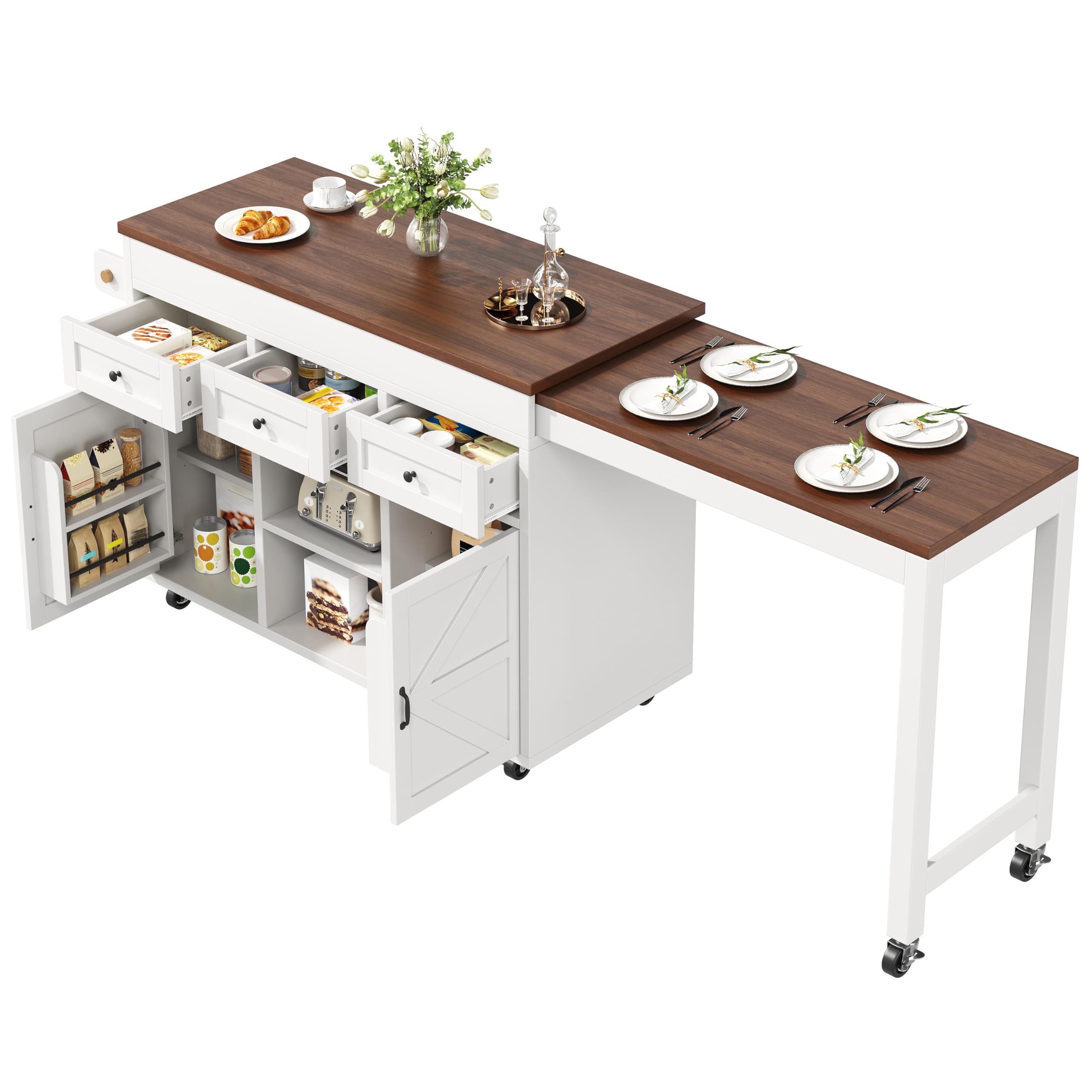 Isola da cucina con vano portaoggetti, tavolo da pranzo estensibile (131,5-210 cm), girevole a 360°, cassetti, armadi, piano di lavoro versatile per cucina, sala da pranzo, piccoli spazi, bianco