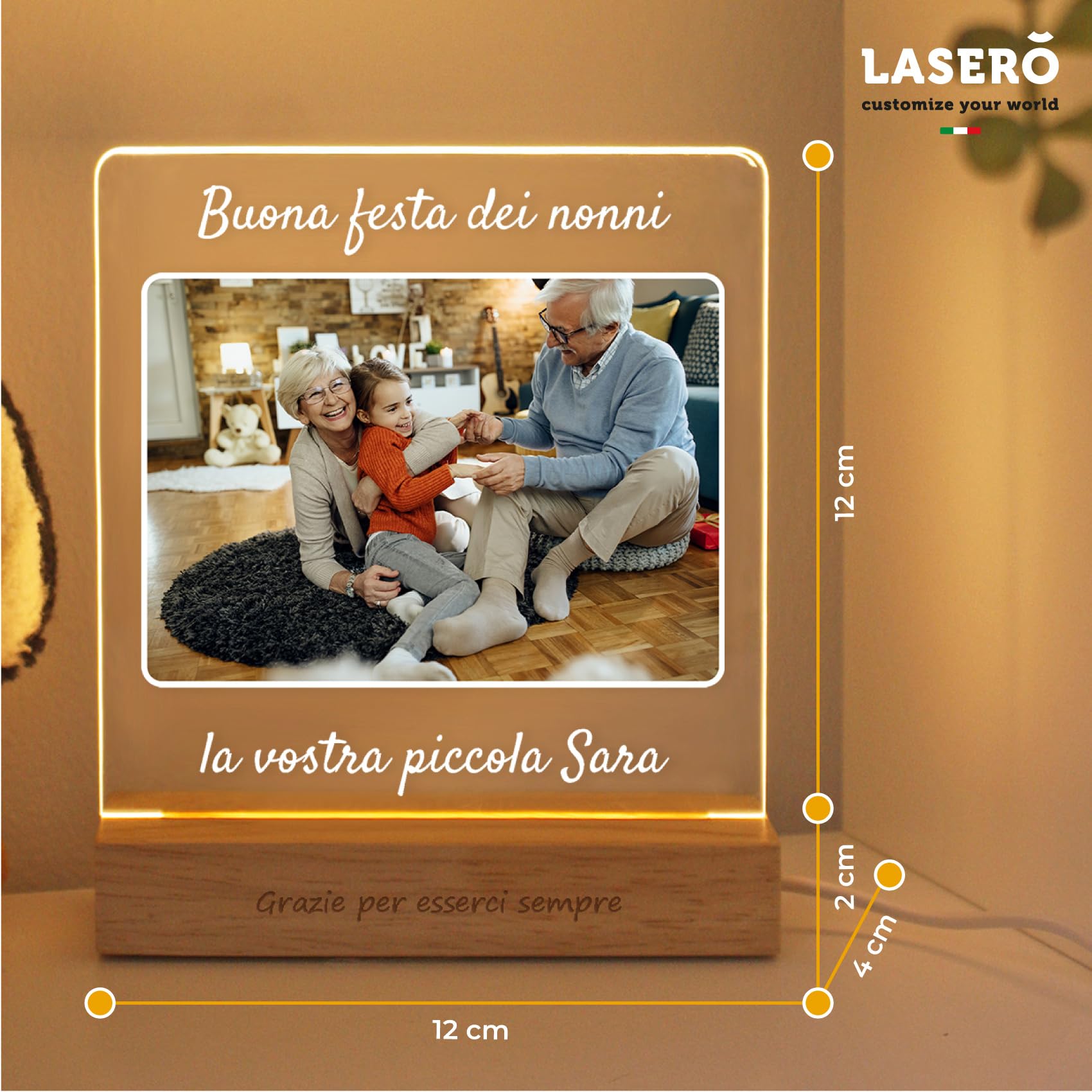 LASERO' Lampada Nonni Personalizzata - Stampa UV su Plexiglass con Base in Legno | Cornice Led Personalizzata Regalo Festa dei Nonni, Idea Regalo Nonna e Nonno Compleanno Personalizzato
