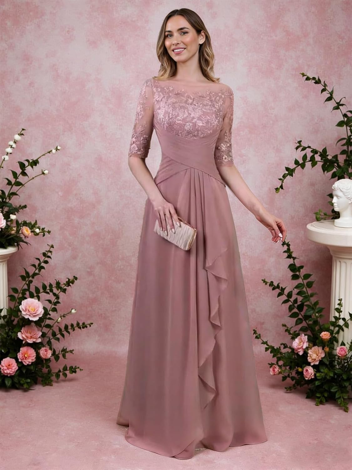 REIOKJ Lace Chiffon Mother of The Bride Dresses - 3/4 Sleeves Long Formal Evening Dress for Wedding - Image 2
