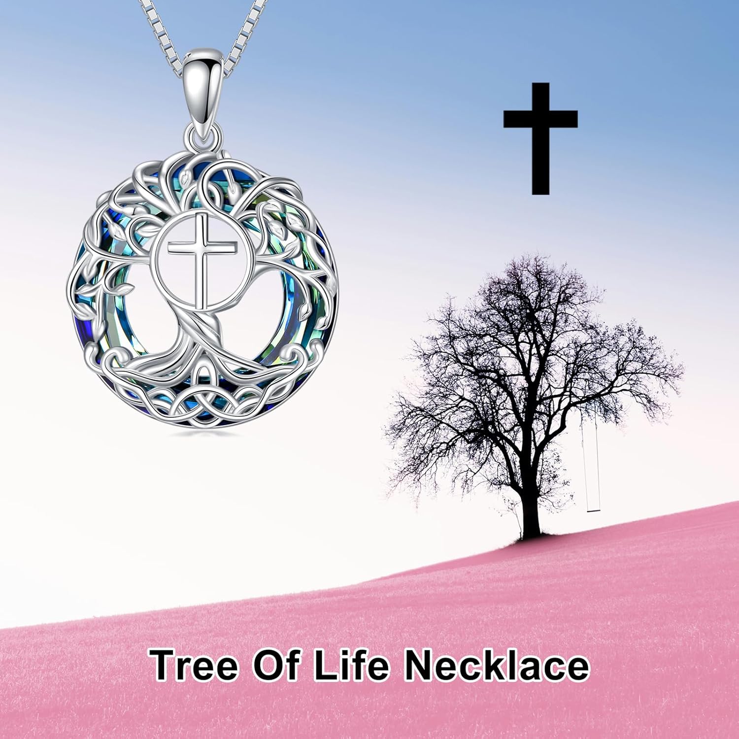 TOUPOP Tree of Life Necklace 925 Sterling Silver Celtic Knot Tree Pendant Blue Crystal Jewelry Mother's Day Gifts for Women Men - Image 3