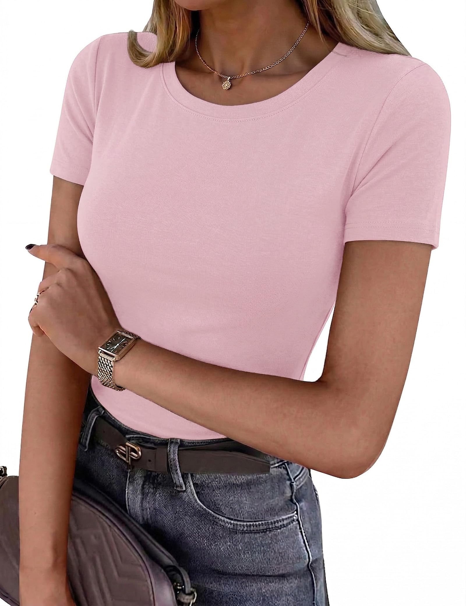 Totatuit Damen T-Shirt Rundhals Sommer Oberteile Kurzarm Basic Tee Shirts Elegant Slim Fit Tshirt Stretch Tops Einfarbig