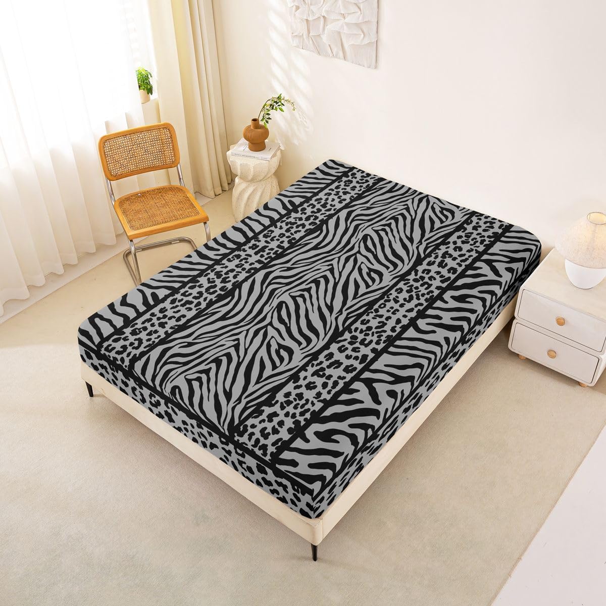 Erosebridal Zebra Stripes Fitted Sheet Gray Leopard Bed Sheets Full Vintage Wild Animal Bedding Set for Kids Boys Girls Patchwork Geometric Bed Cover 3 Pcs