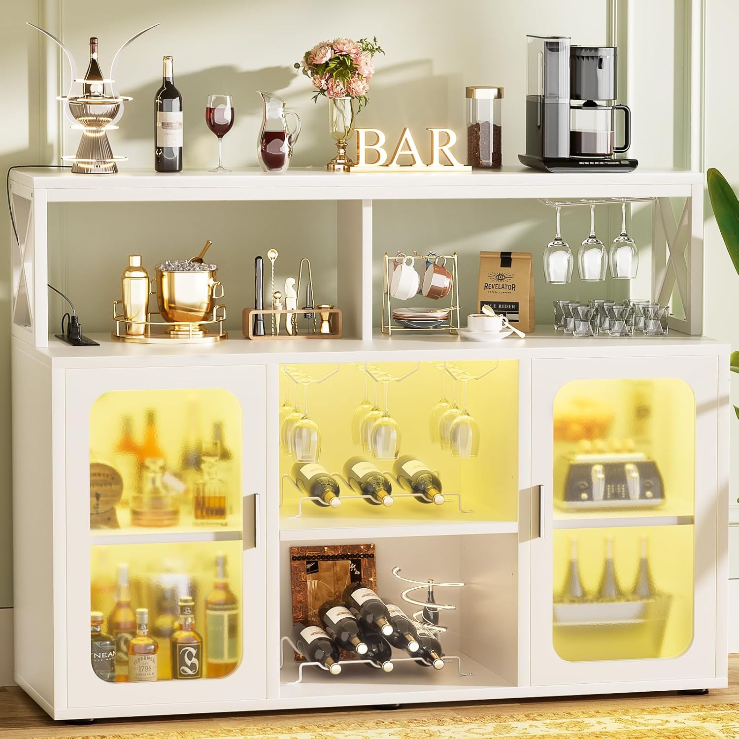 Aheaplus Bar Cabinet with Power Outlets, Liquor Cabinet with Led Lights and Glass Holder, Storage Buffet Cabinet Coffee Bar Cabinet for Liquor, Wine Cabinet with Racks -G2, Black