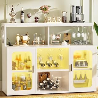 Aheaplus Bar Cabinet with Power Outlet, Liquor Cabinet with Led Lights and Glass Holders, Storage Buffet Cabinet Coffee Bar Cabinet for Liquor, Wine Cabinet with Racks for Home, Kitchen, S3, White