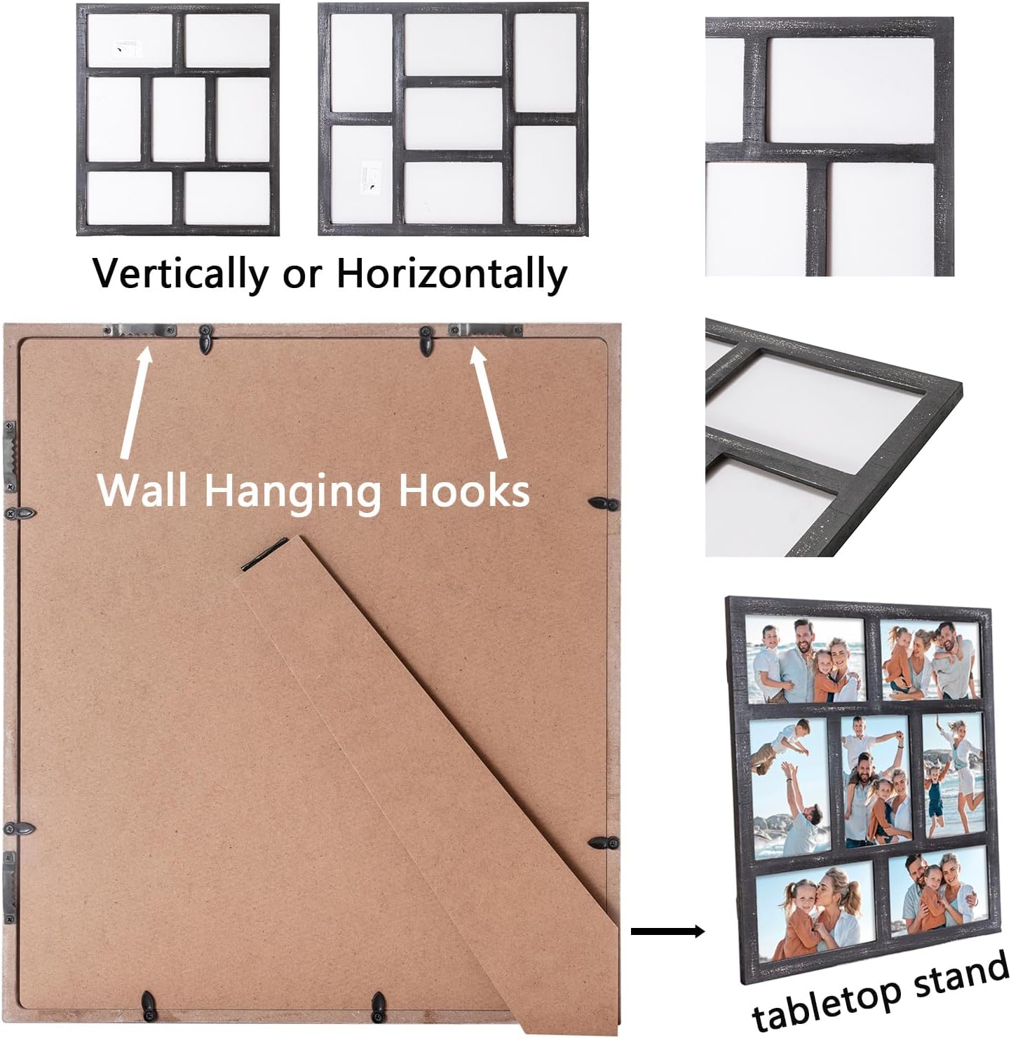 Donmills 7 Openings Photo Collage for Wall Decor, 4x6 Picture Frame Collage for Wall Mounting or Tabletop, Wooden Multiple Photo Frame Display 4x6 Pictures for Desk, Office, Living Room, Grey