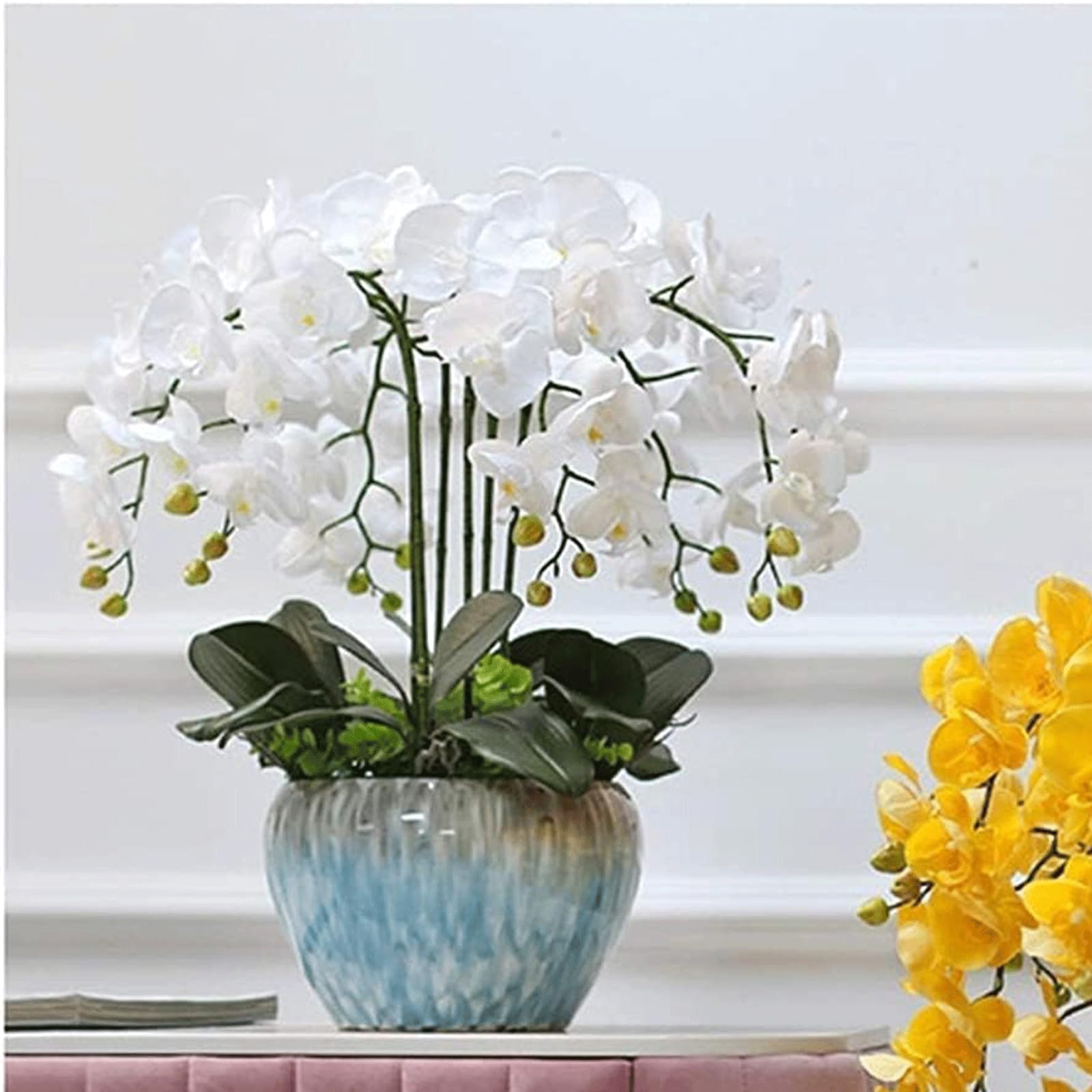 DFGHNBVC Artificial Orchid Polyurethane Artificial Phalaenopsis Flowers With Ceramic Vase Artificial Flower Potted 65Cm Fake Floral Artificial Flowers