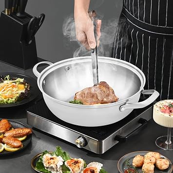 Silver Composite Steel& Stainless Steel Wok, Frying Pan with Lid, Wok Pan with Lid,Light Weight (3.7 lbs),Steamer Rack,for Hotels,Restaurants,Homes