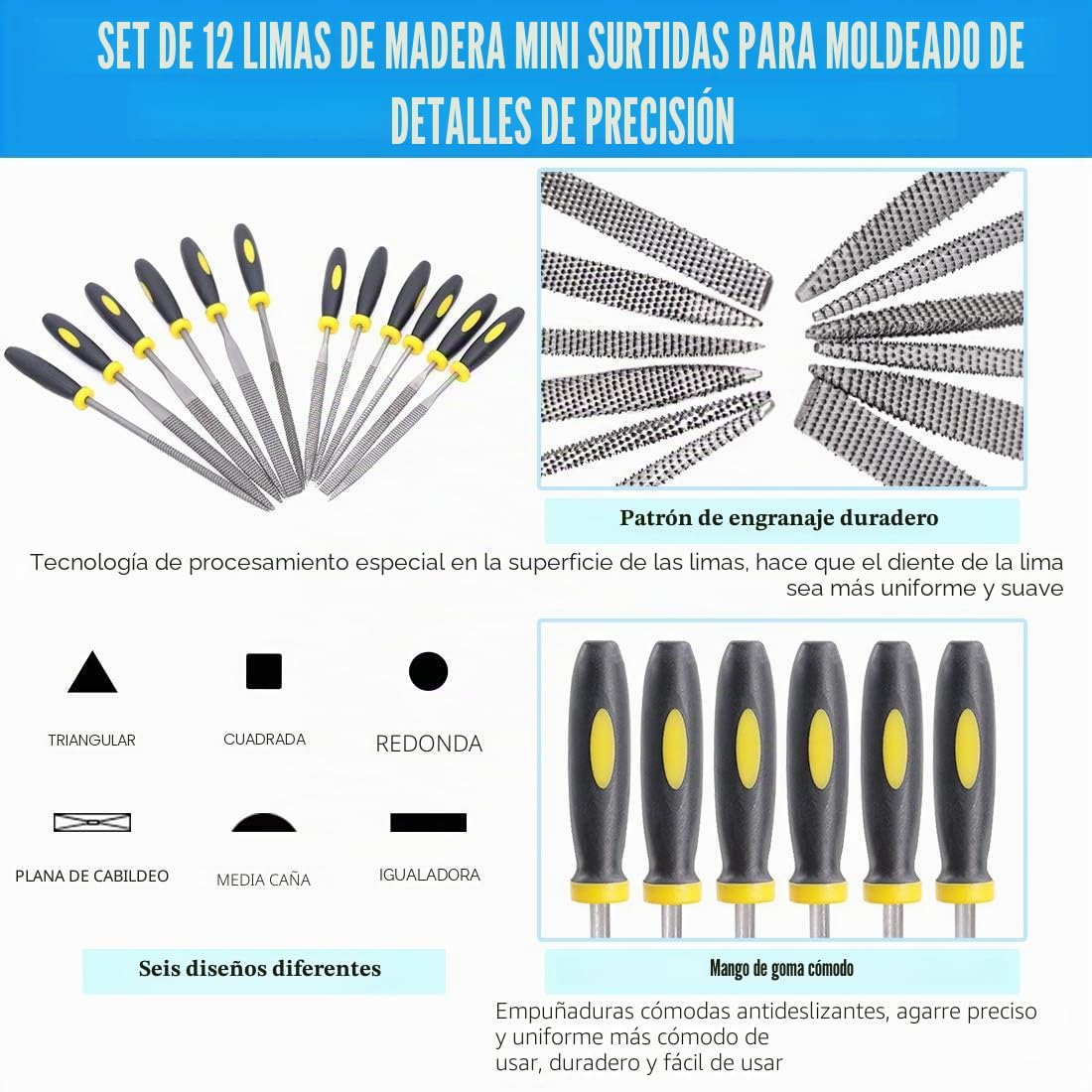 GLARKS Juego de 12 escofinas de madera surtidas que incluye cepillo y caja de almacenamiento con 4 papeles de lija para fijar joyeros, tallados de madera de diamante, manualidades