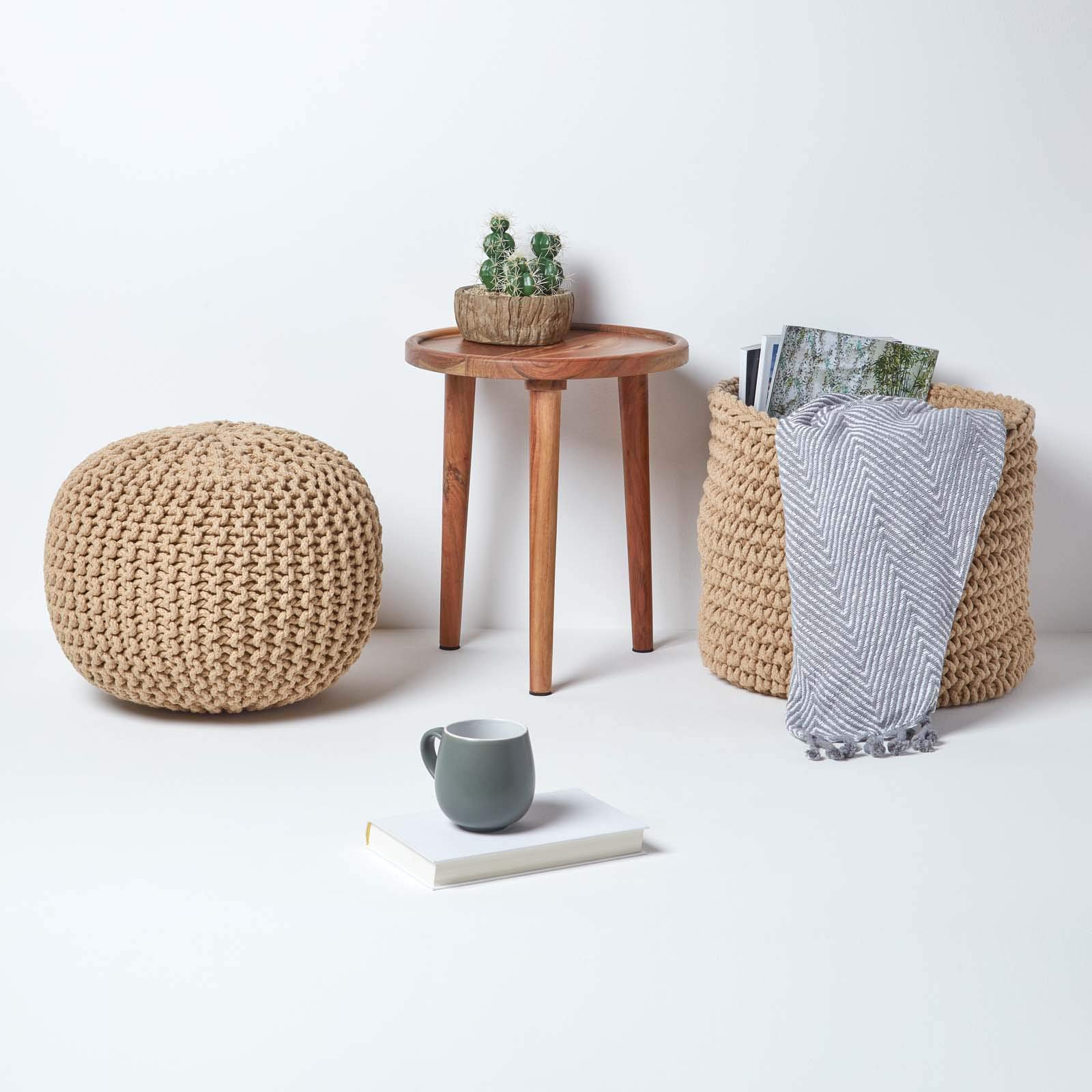 HOMESCAPES Pouf rotondo intrecciato in cotone, pouf lavorato a maglia, colore beige, 40 x 35 cm