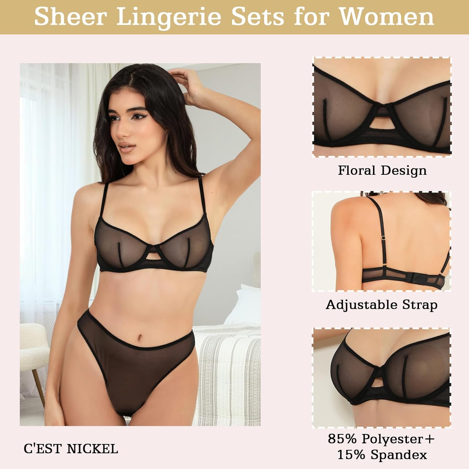 C'EST NICKEL Sheer Lingerie Set for Women Sexy See Through Bra and Panty Underwear - Image 3