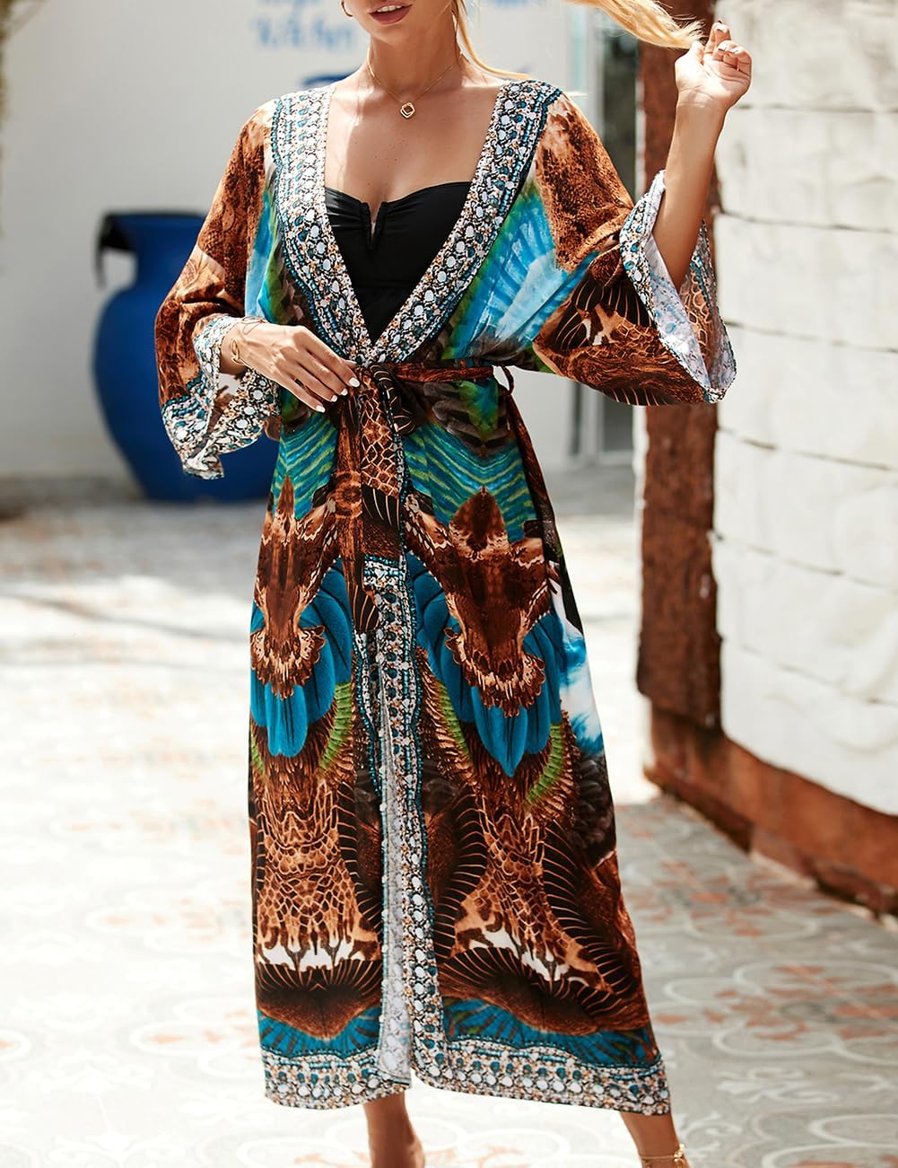 Bsubseach Kimono Swimsuit Cover Ups for Women Robe Pool Cover Up Long Beach Dress Colorful Cardigan for Swimwear Hawk