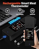 Vista 6 de Termómetro inalámbrico para carne con Bluetooth y aplicación, pantalla táctil, alarma audible, 2 sondas, alcance de 800 pies y base recargable