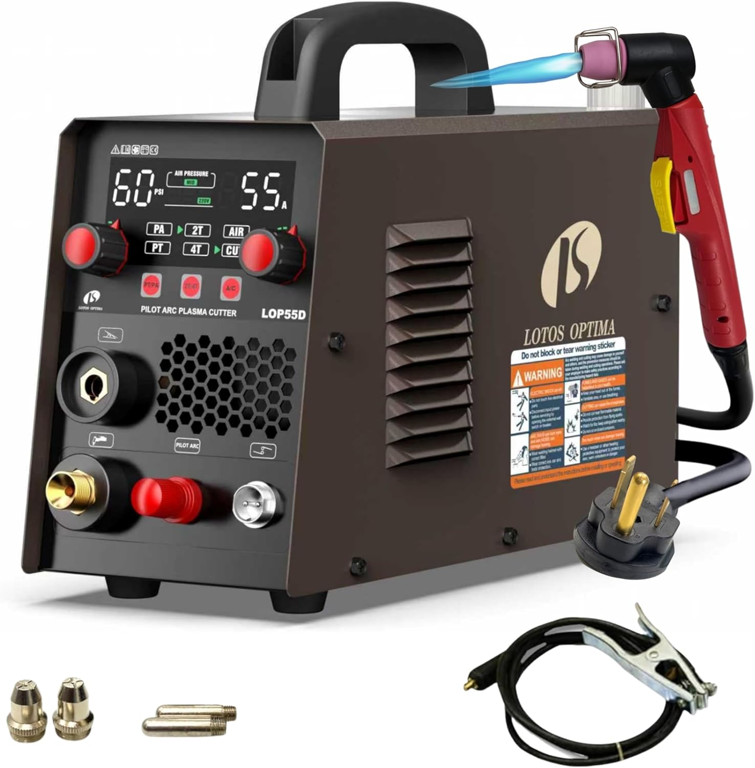 LOTOS LOP55D 55A Plasma Cutter, 1/2" Clean Cut (3/4" Sever), Non-Touch Pilot Arc, Dual-Voltage 110/220V, LED Panel, Portable Air Plasma Cutting Machine for DIY, Auto, Farm, HVAC