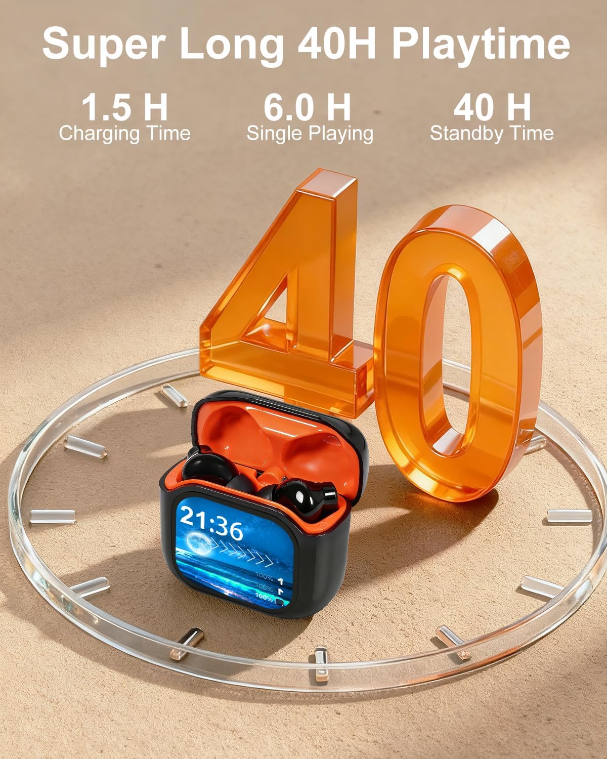 Smart Earphones with Touchscreen, Touch Screen Earbuds, Wireless Headphones Bluetooth 5.4, Touch Buds with LED Screen, ANC/ENC Noise Cancelling, 48H Playtime, for Work, Sport (White) (Black)