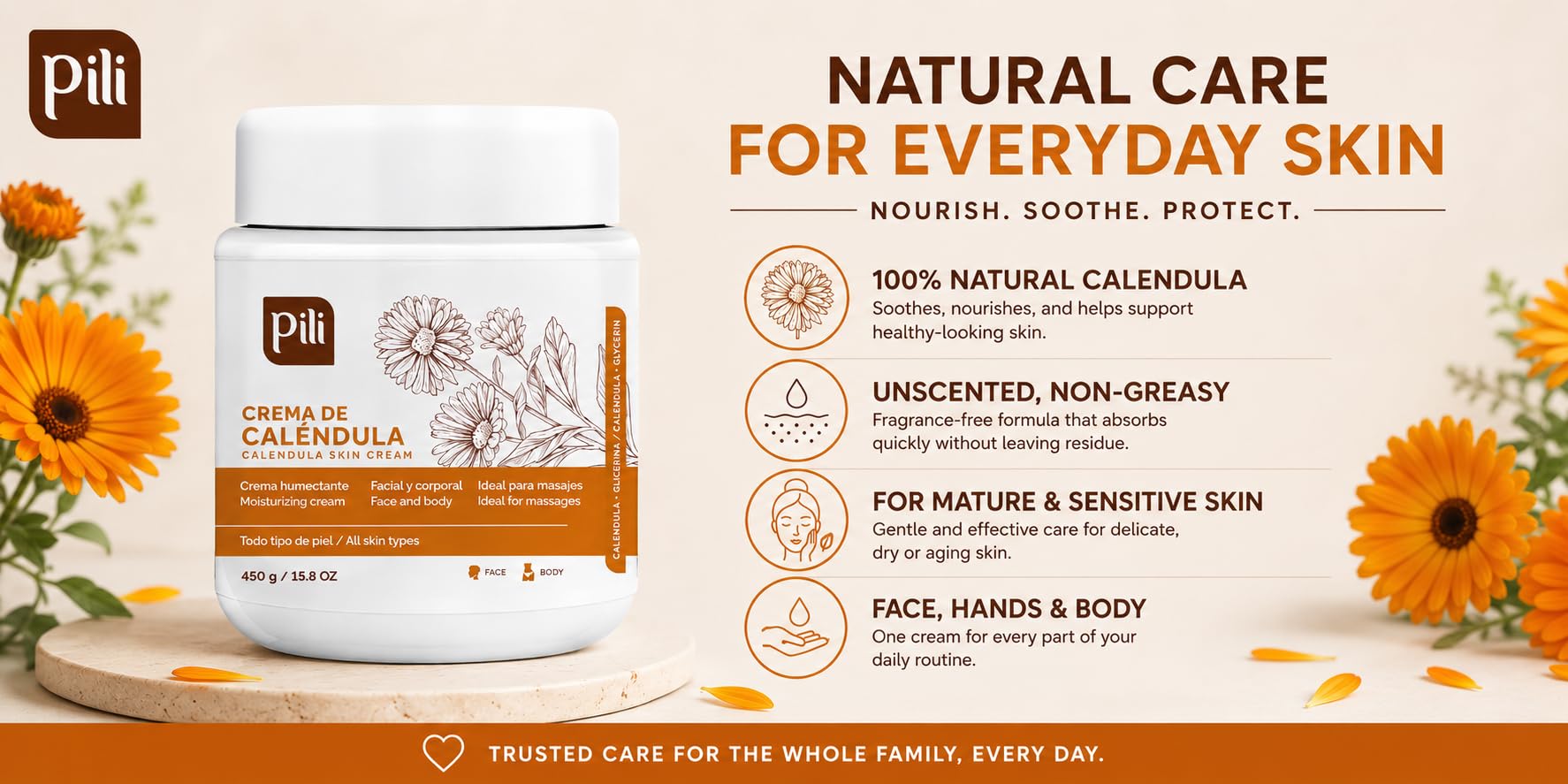 Crema hidratante de caléndula para piel áspera, seca o agrietada, 45 g