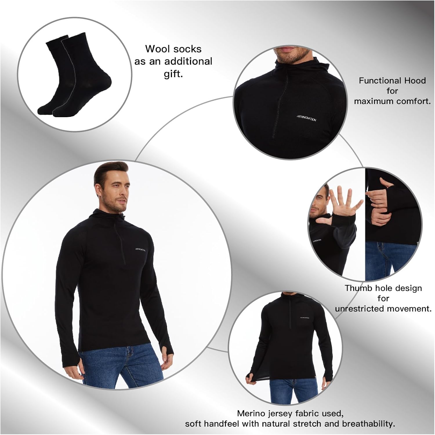 MERINNOVATION 100% Merino Wool Hoodie Men - Lightweight Base Layer Mens Thermal Long Sleeve Half Zip Sweatshirt for Hiking - Image 3