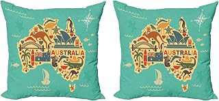 Lunarable Australia Throw Pillow Cushion Cover Pack of 2, Doodle Map with Australian Traditionals Culture and Nature, Zippered Double-Side Digital Print Decor, 18", Green