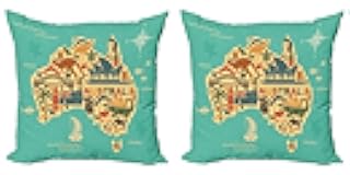 Lunarable Australia Throw Pillow Cushion Cover Pack of 2, Doodle Map with Australian Traditionals Culture and Nature, Zippered Double-Side Digital Print Decor, 18