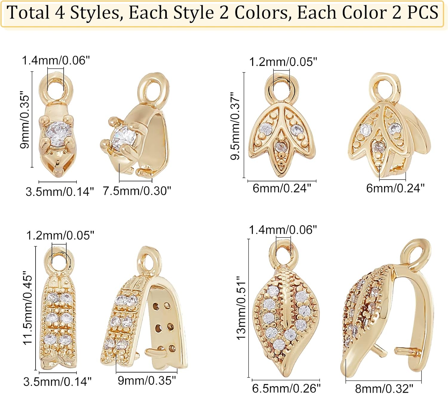 SUPERFINDINGS 16Pcs Brass Pinch Bails Pinch Clip Bail Clasp 4 Styles Cubic Zirconia Ice Pick Gold Platinum Plated Bail Clasp for DIY Jewelry Making Pin: 0.7mm