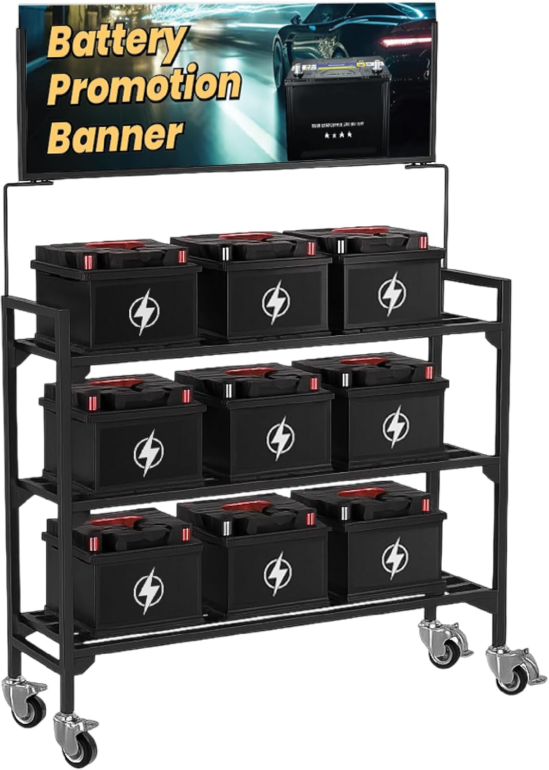 Rolling Battery Display Rack, 3-Tier Heavy Duty Storage Stand with Wheels, Commercial Battery Organizer