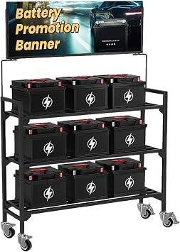 STEELAID Rolling Battery Display Rack, 3-Tier Heavy Duty Storage Stand with Wheels, Commercial Battery Organizer