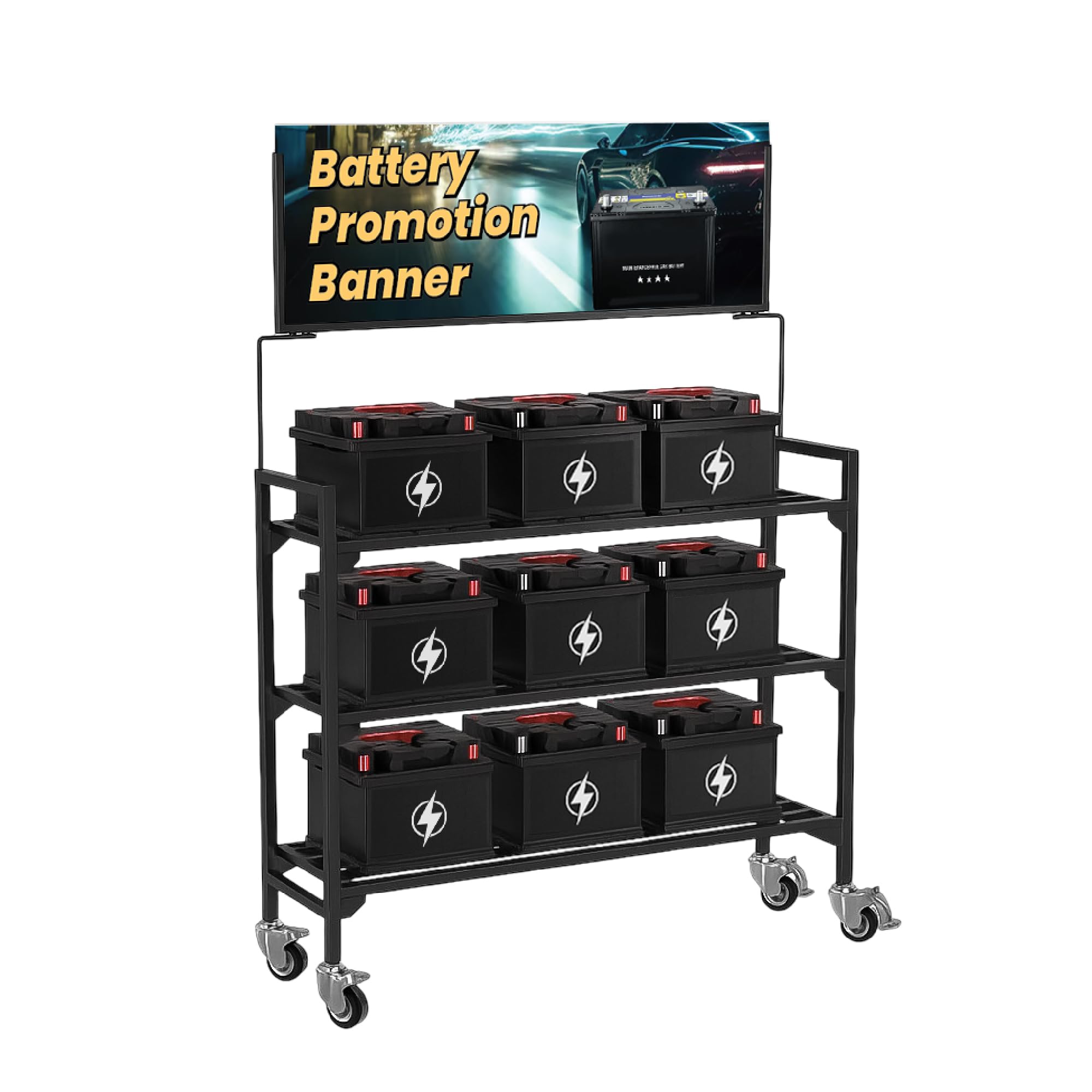 Rolling Battery Display Rack, 3-Tier Heavy Duty Storage Stand with Wheels, Commercial Battery Organizer